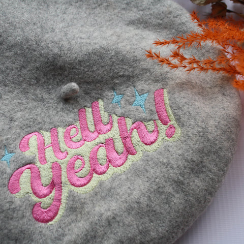 'Hell Yeah!' Embroidered Marl Grey Beret