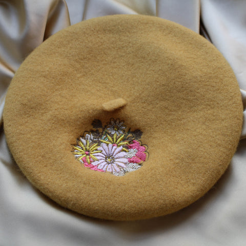 Mustard 70s Floral Embroidered Beret