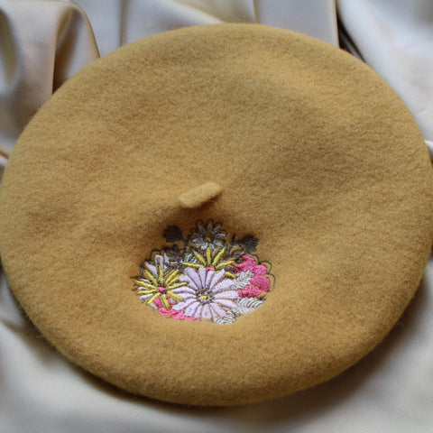 Mustard 70s Floral Embroidered Beret