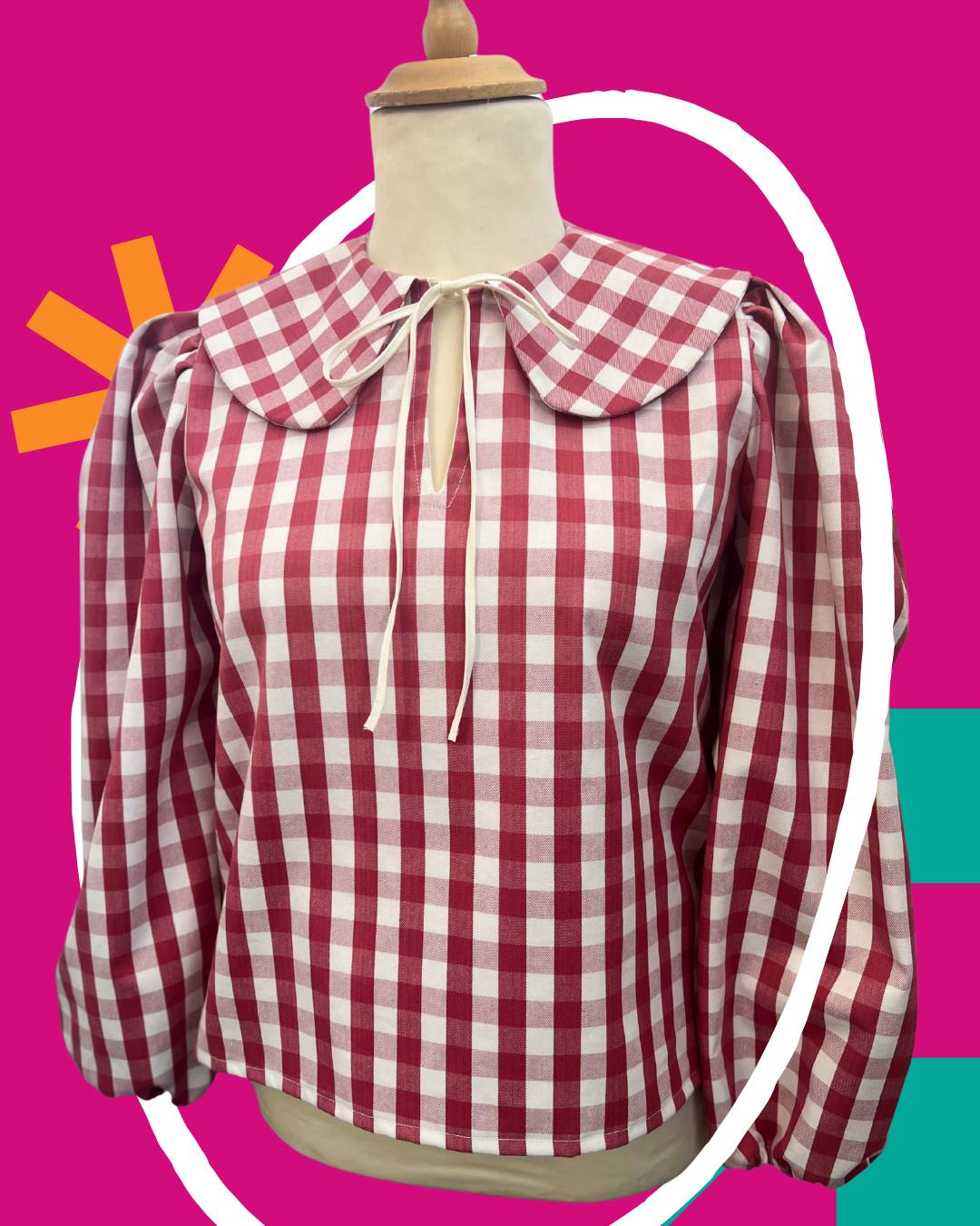 Ophelia Statement Collar Blouse in Red Gingham