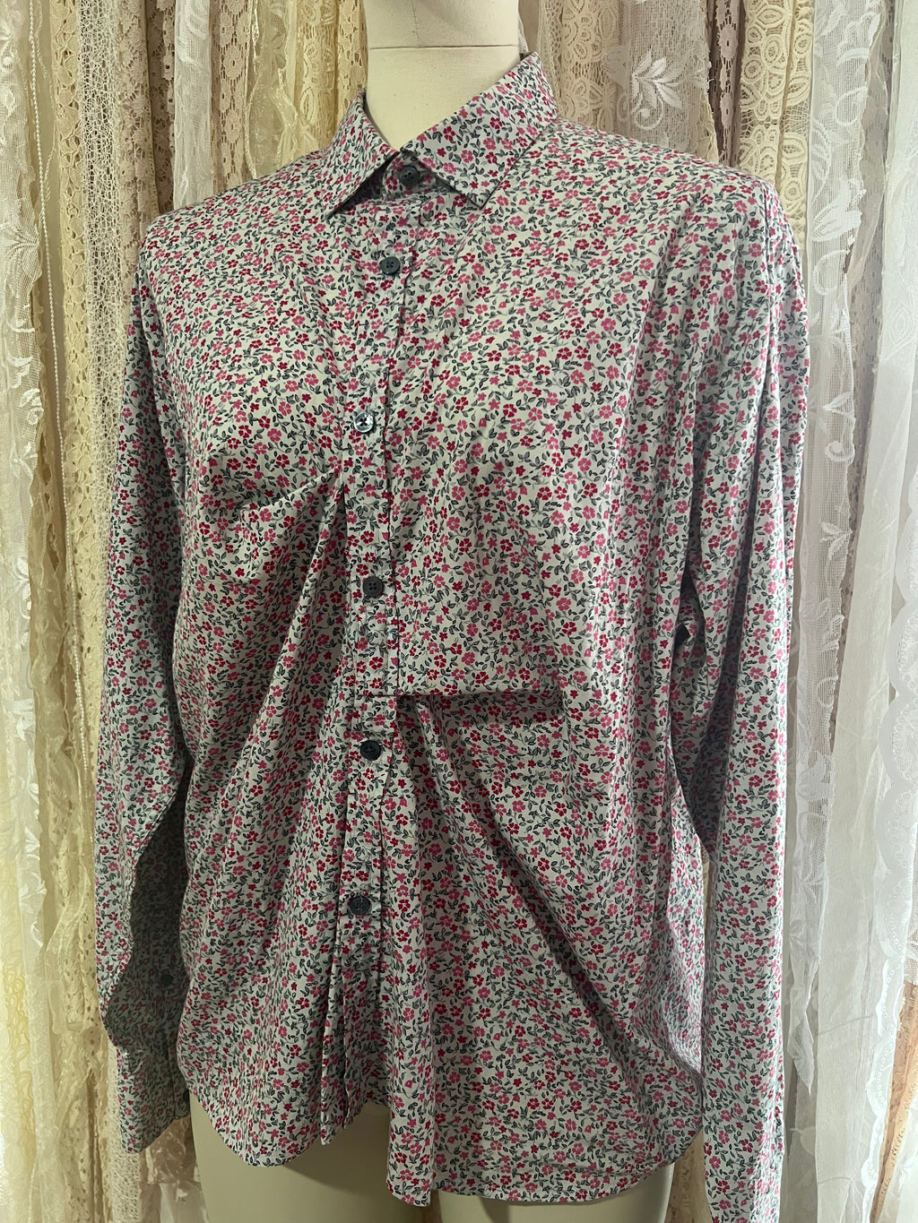 Reworked Drape Front Blouse in Pink Daisy - XXL