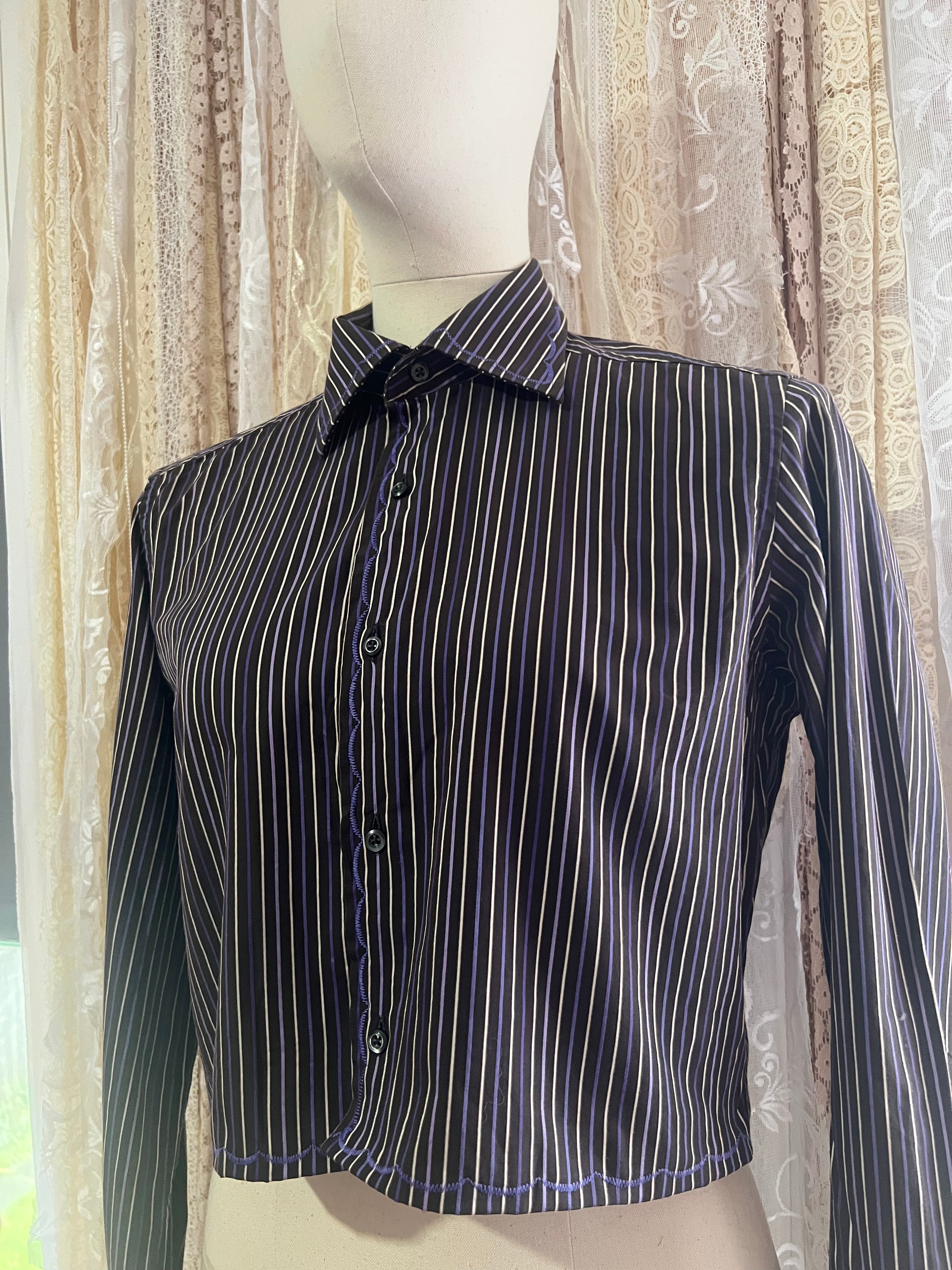 Reworked Embroidered Detail Cropped Blouse in Chocolate Brown Stripe - M