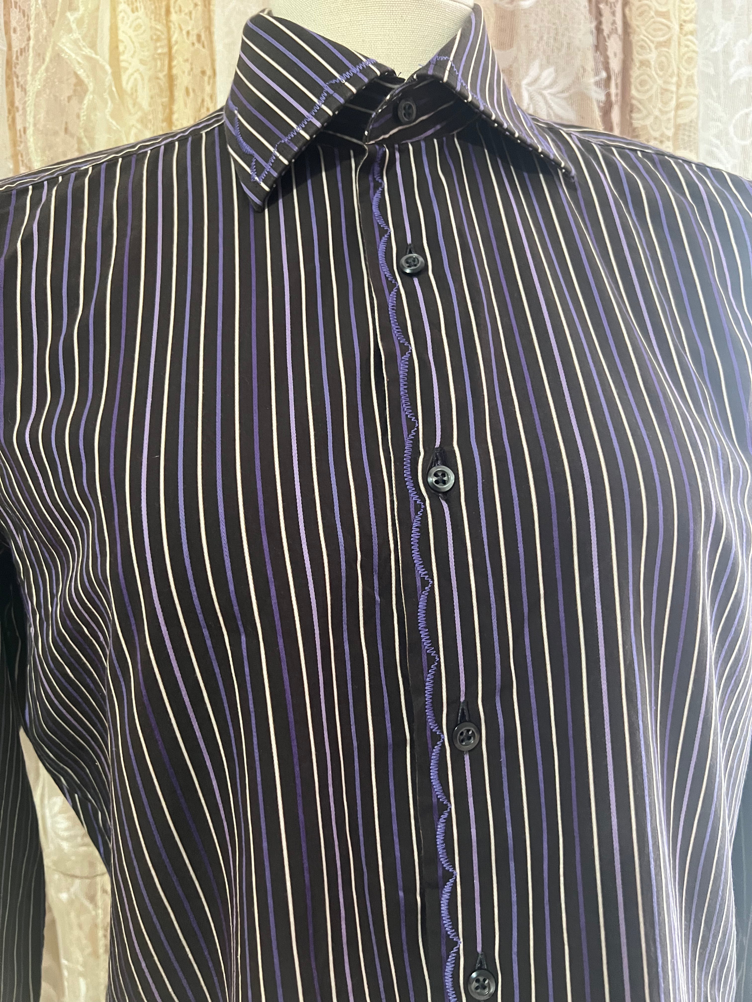 Reworked Embroidered Detail Cropped Blouse in Chocolate Brown Stripe - M