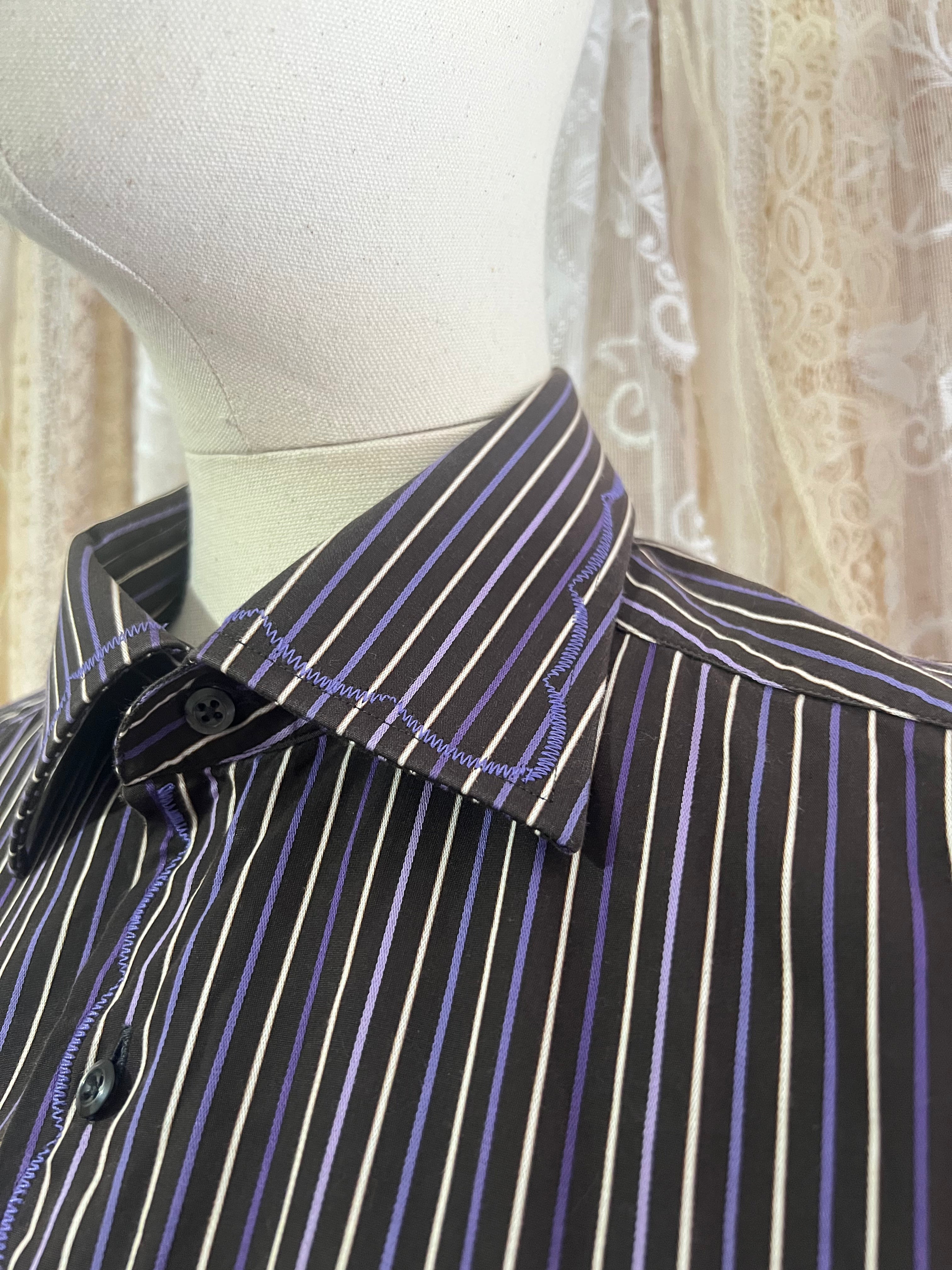 Reworked Embroidered Detail Cropped Blouse in Chocolate Brown Stripe - M