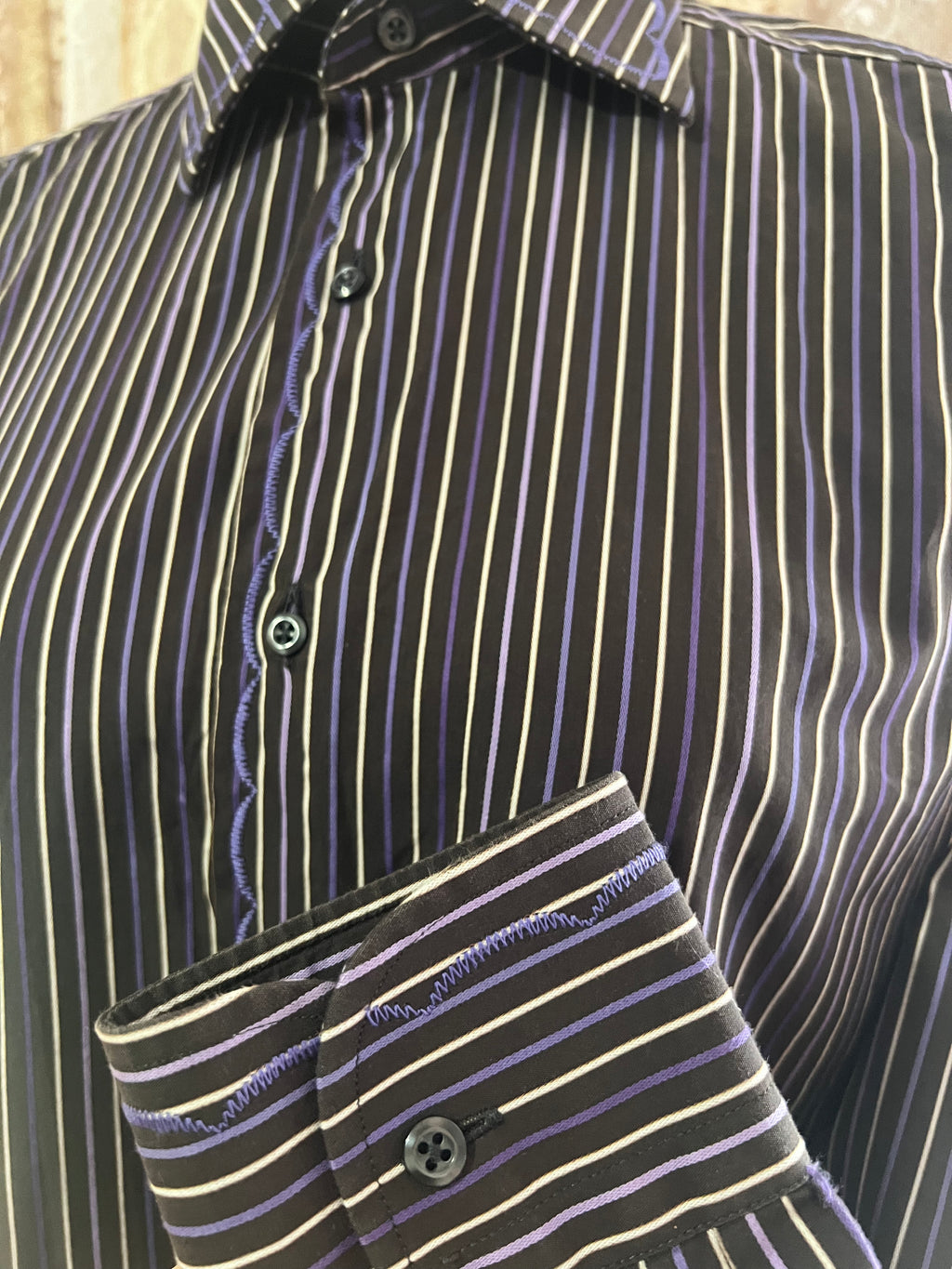 Reworked Embroidered Detail Cropped Blouse in Chocolate Brown Stripe - M