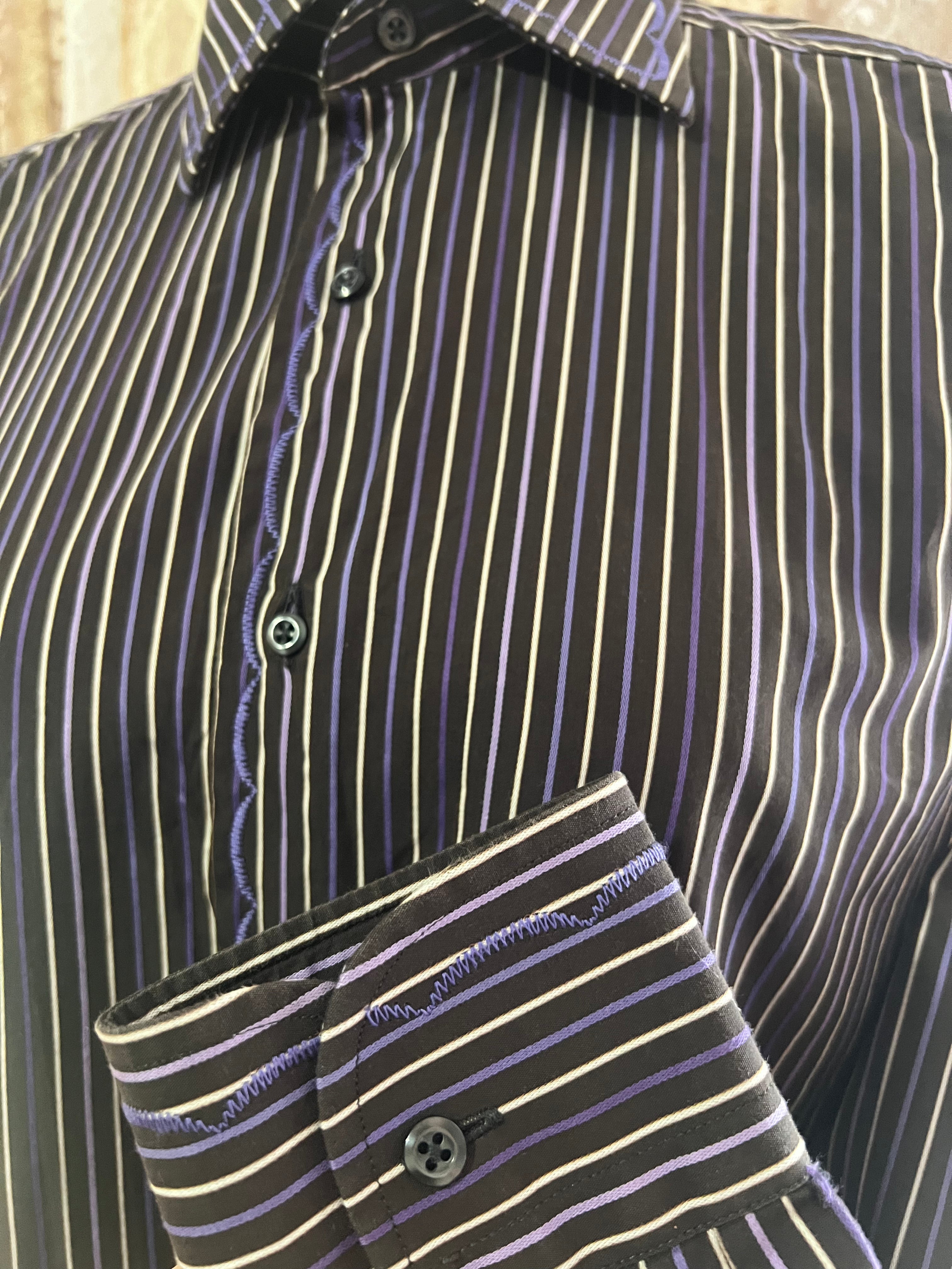 Reworked Embroidered Detail Cropped Blouse in Chocolate Brown Stripe - M