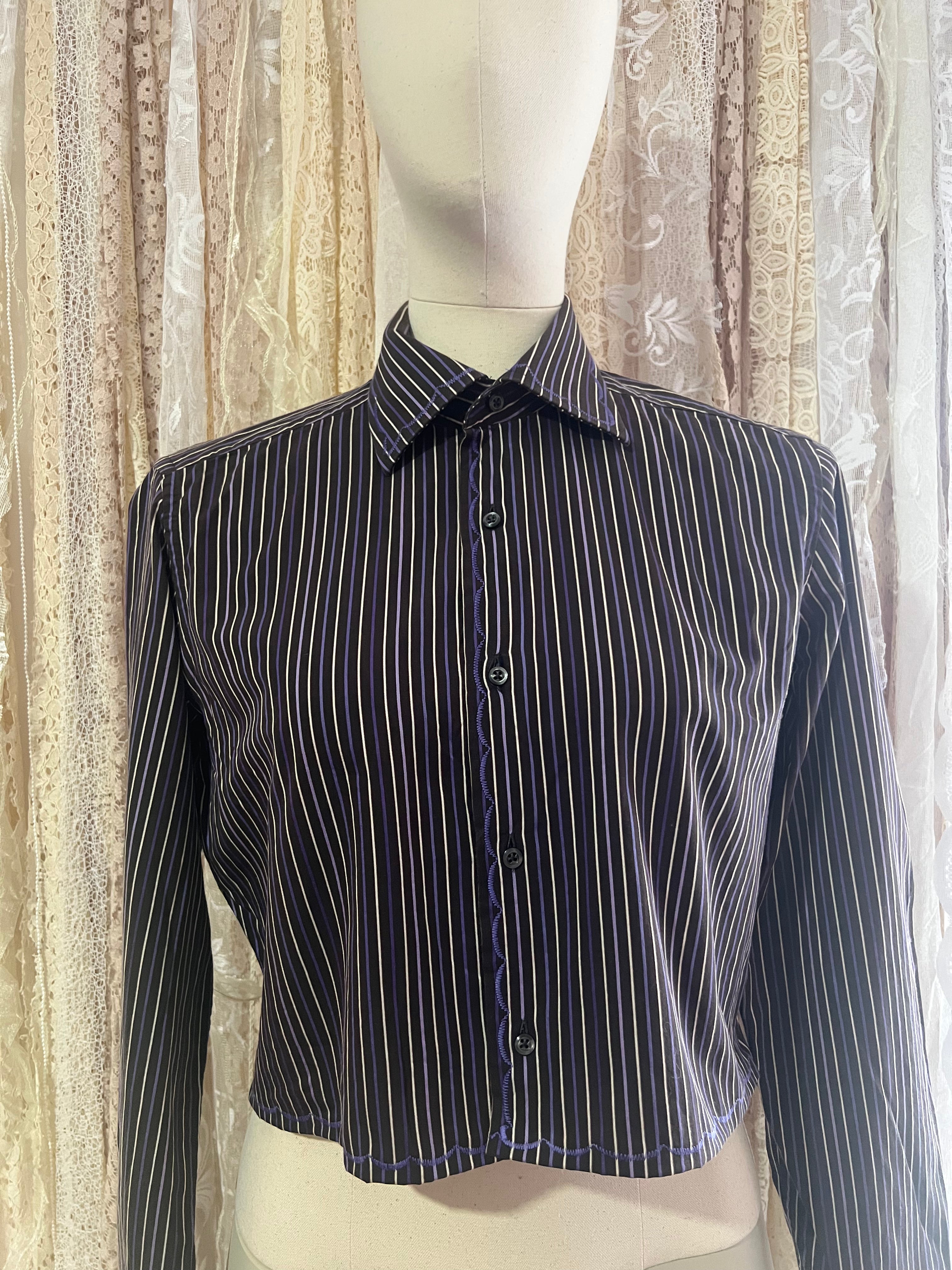 Reworked Embroidered Detail Cropped Blouse in Chocolate Brown Stripe - M