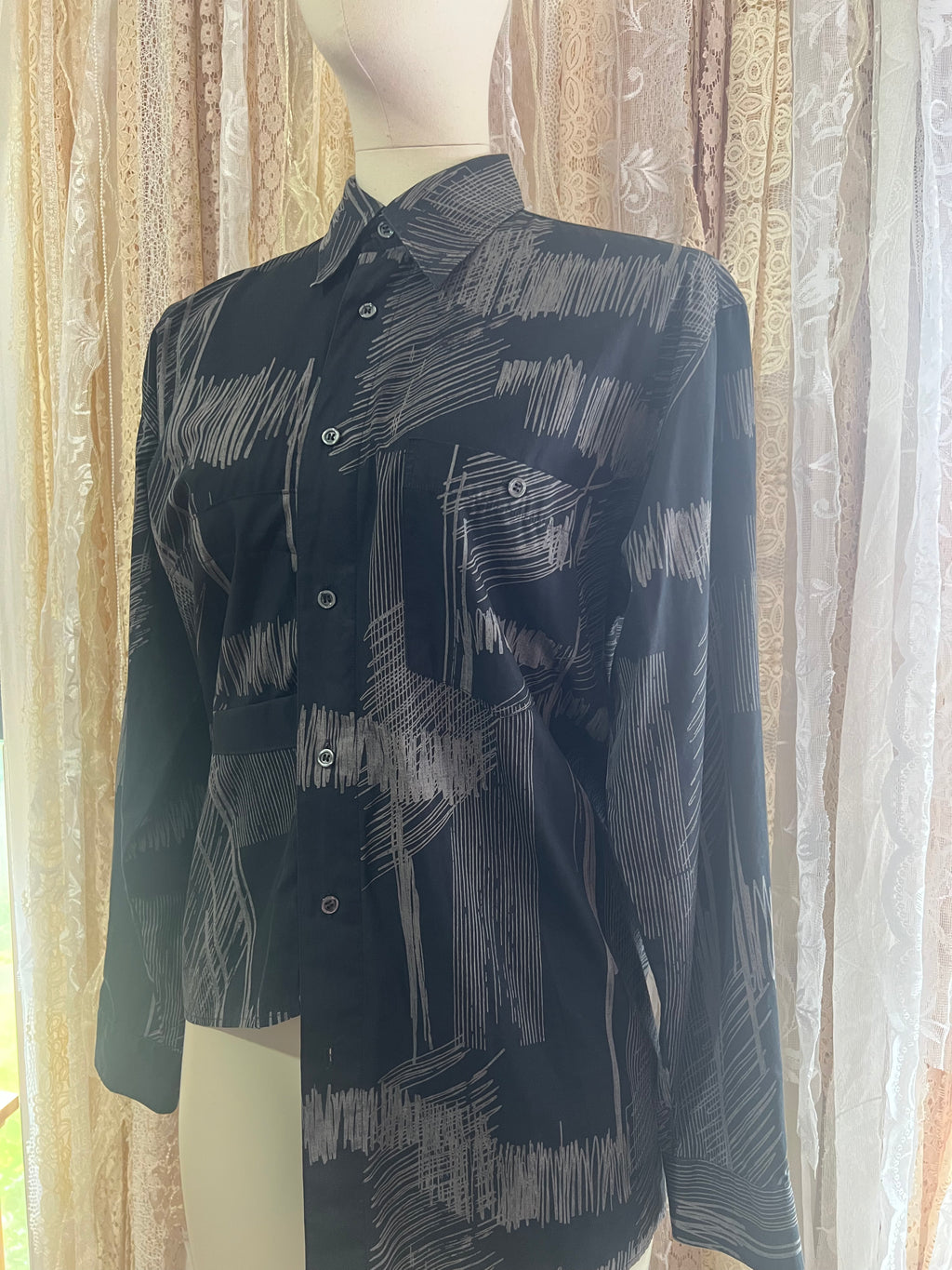 Reworked Origami Asymmetrical Blouse in Black Scribble - L