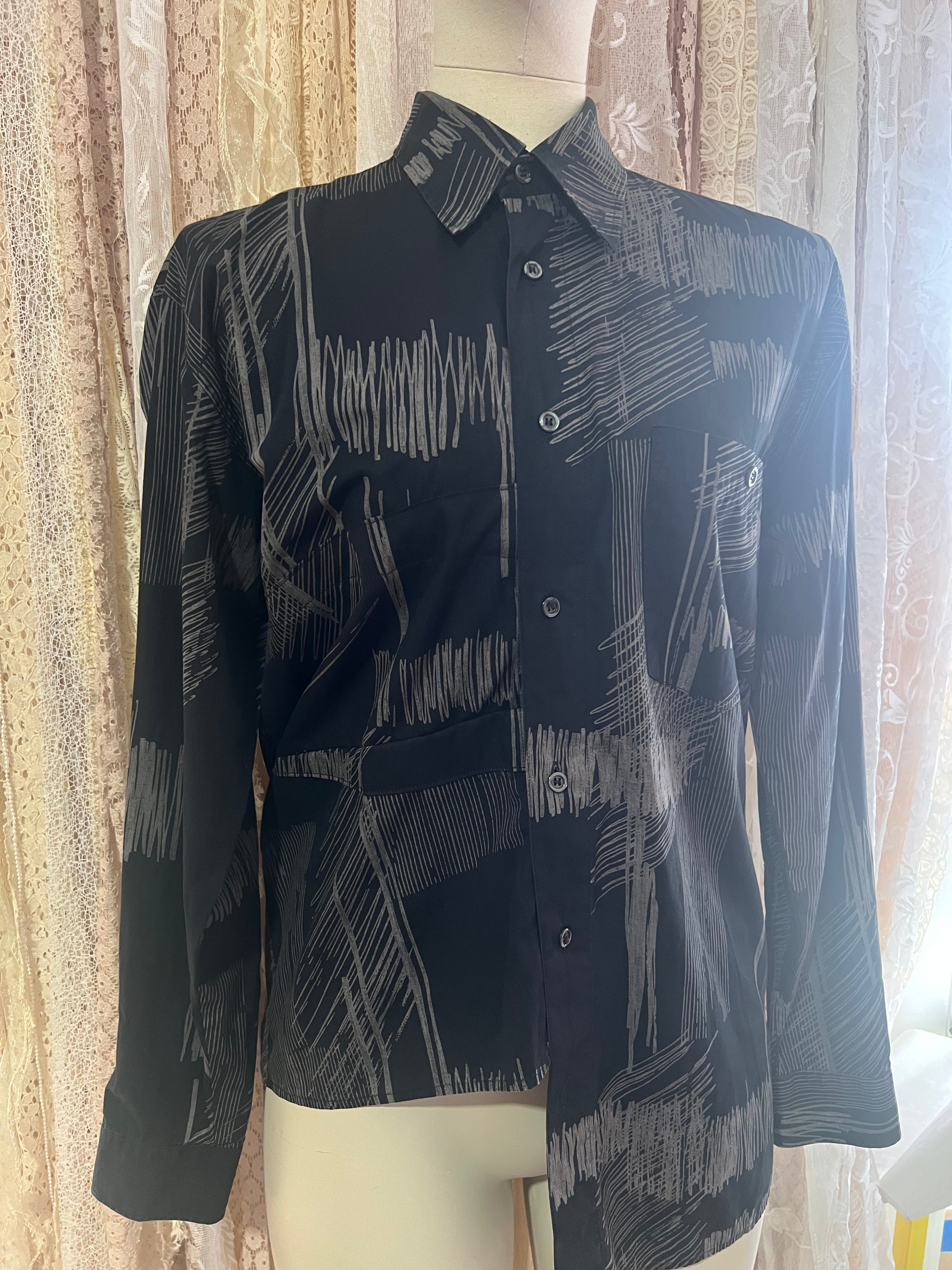 Reworked Origami Asymmetrical Blouse in Black Scribble - L