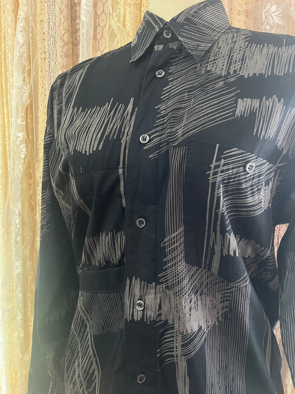 Reworked Origami Asymmetrical Blouse in Black Scribble - L