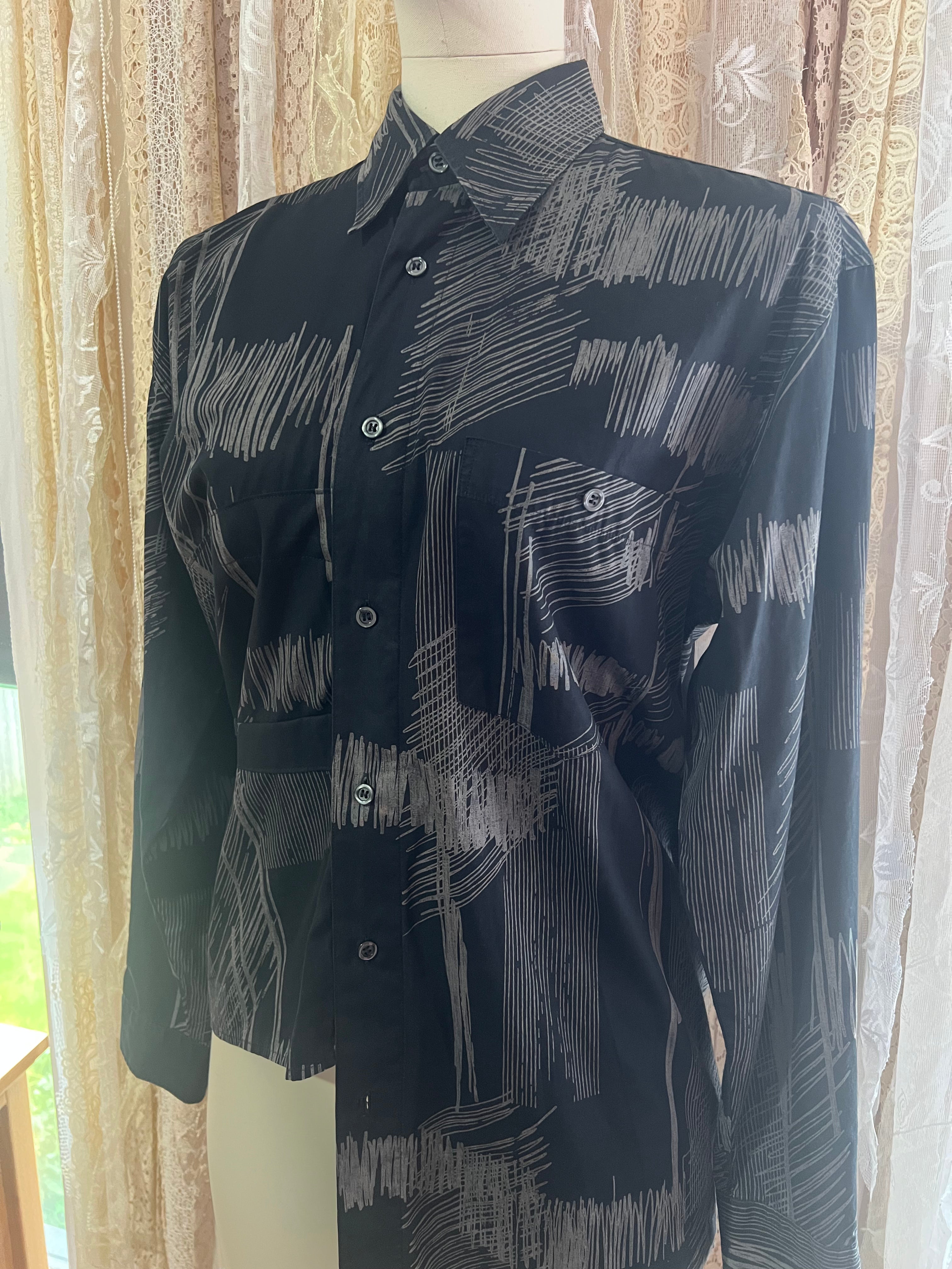 Reworked Origami Asymmetrical Blouse in Black Scribble - L