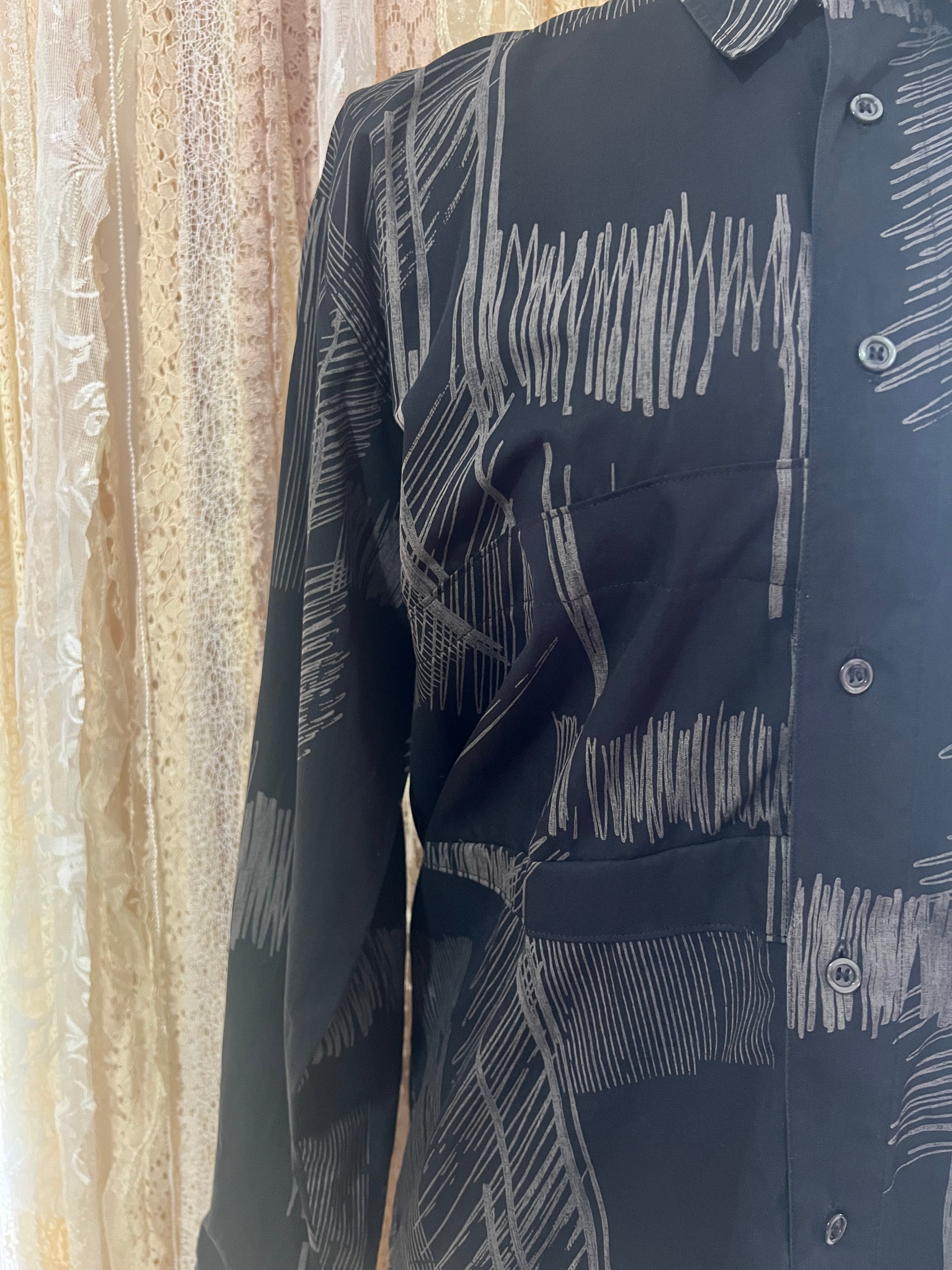 Reworked Origami Asymmetrical Blouse in Black Scribble - L