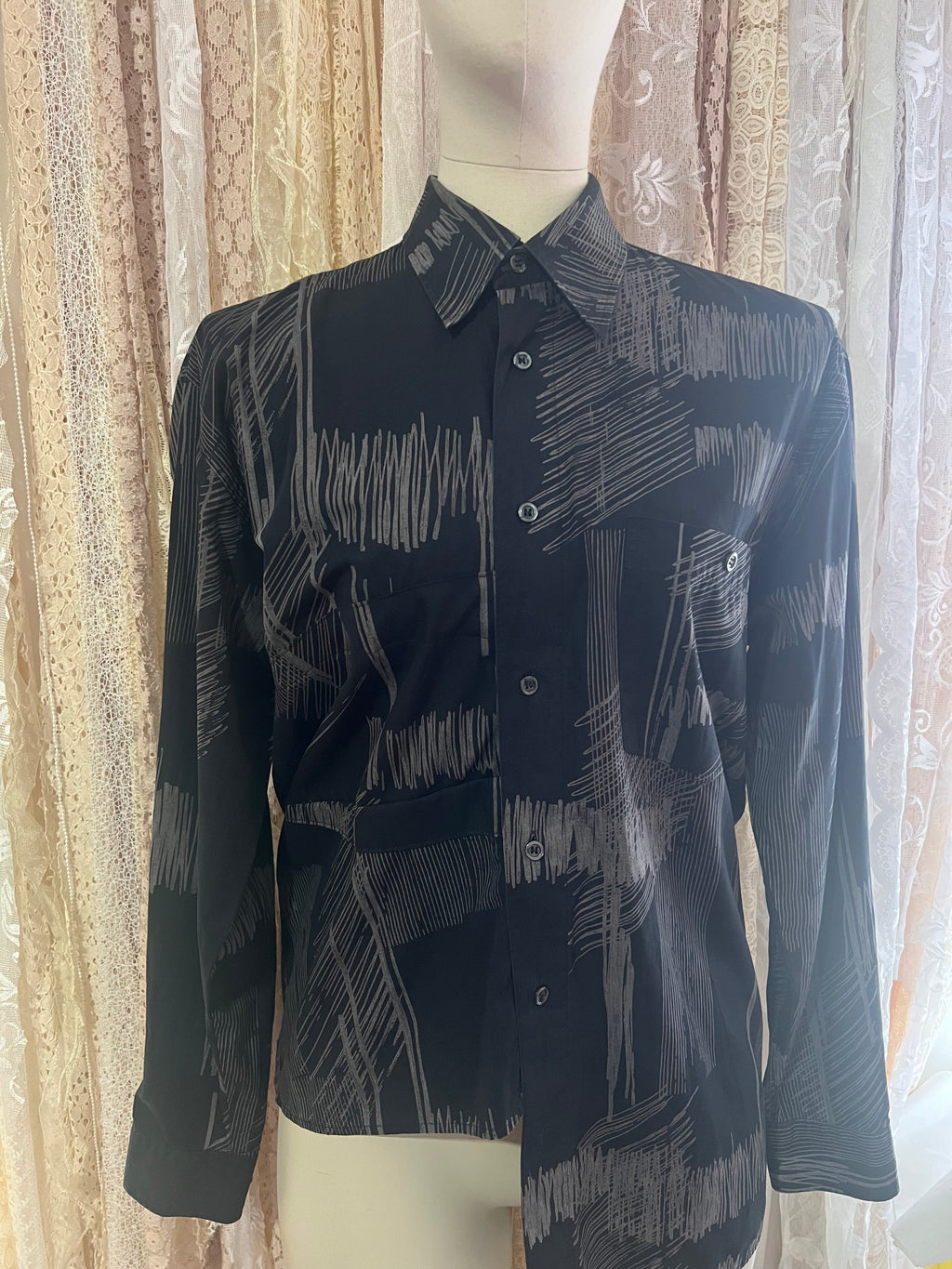 Reworked Origami Asymmetrical Blouse in Black Scribble - L