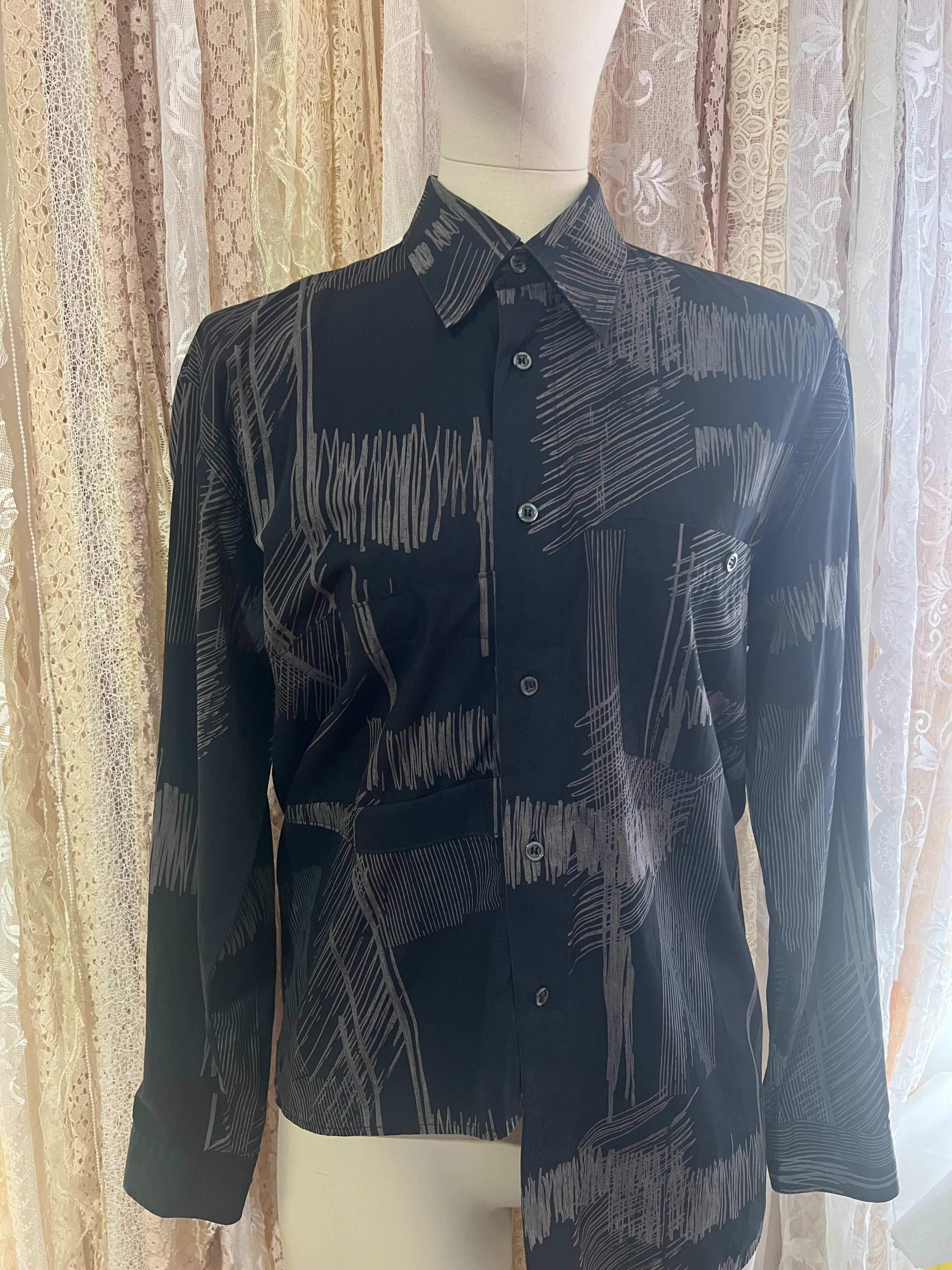 Reworked Origami Asymmetrical Blouse in Black Scribble - L
