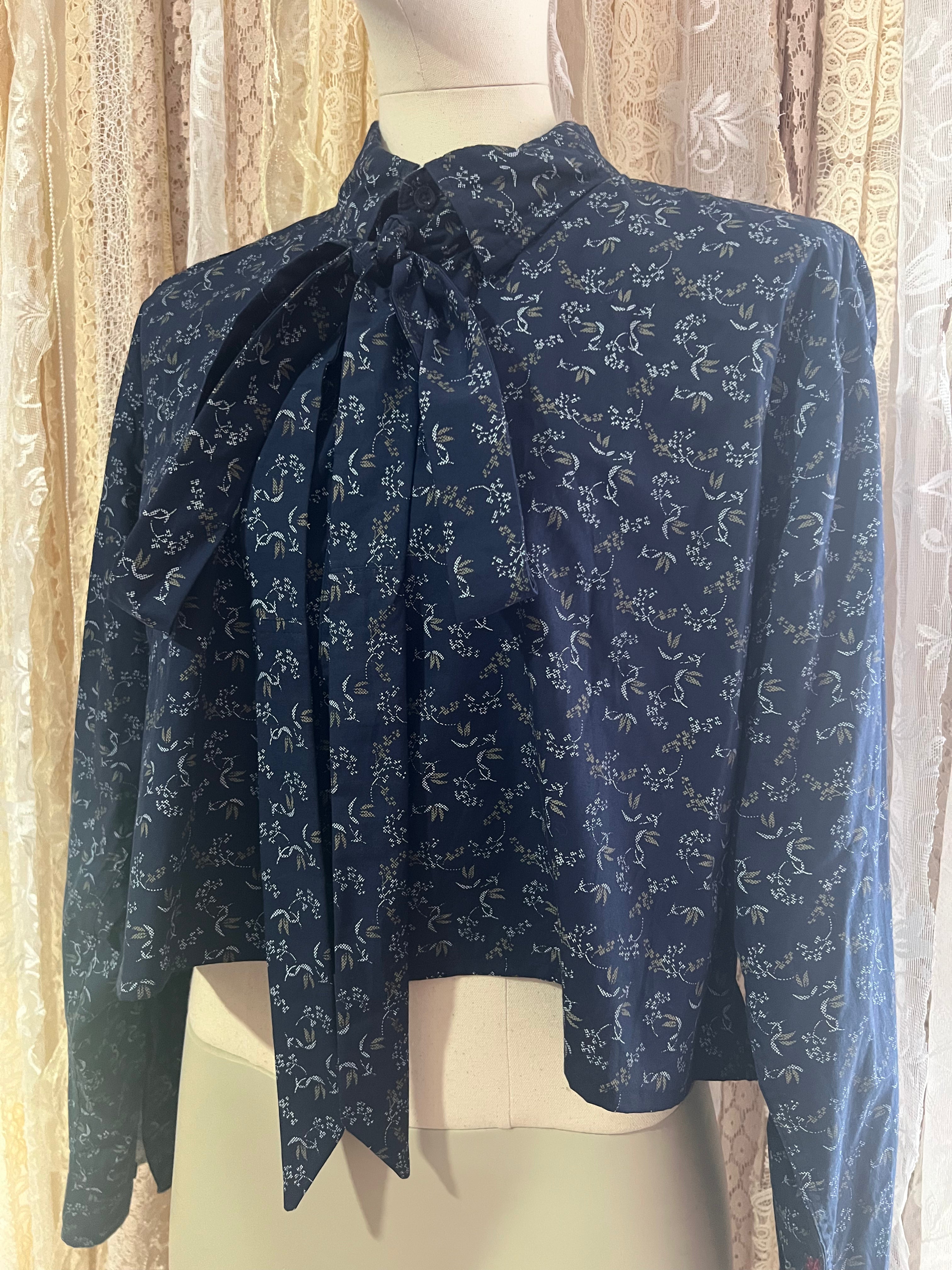 Reworked Pussybow Collar Cropped Blouse in Navy Tapestry Floral - XXL