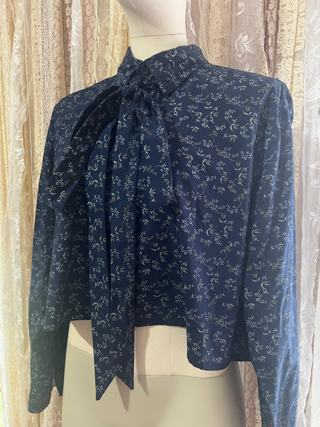 Reworked Pussybow Collar Cropped Blouse in Navy Tapestry Floral - XXL