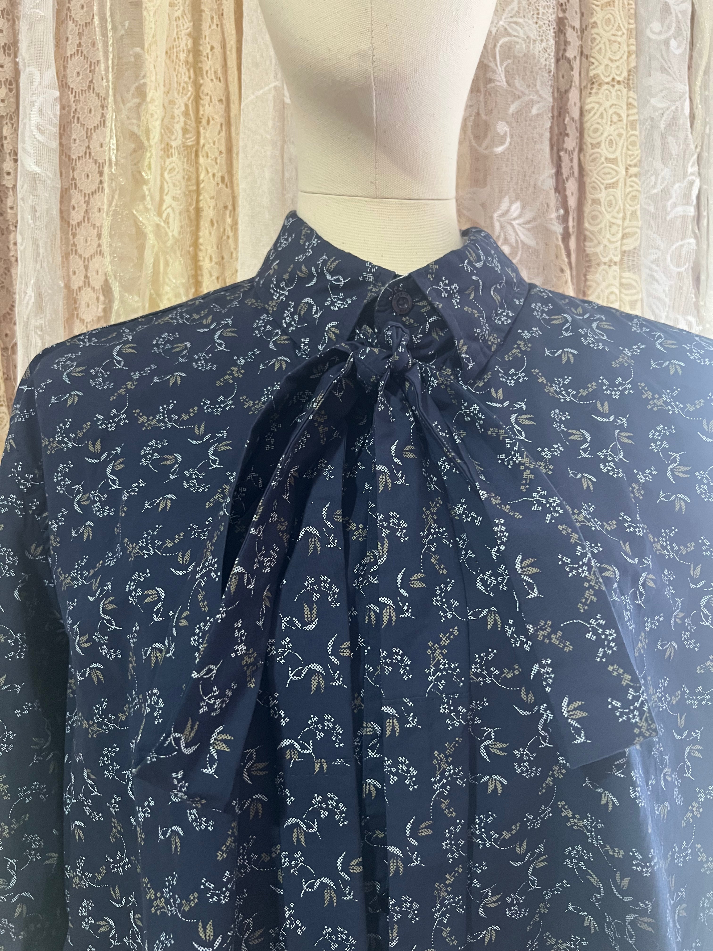 Reworked Pussybow Collar Cropped Blouse in Navy Tapestry Floral - XXL
