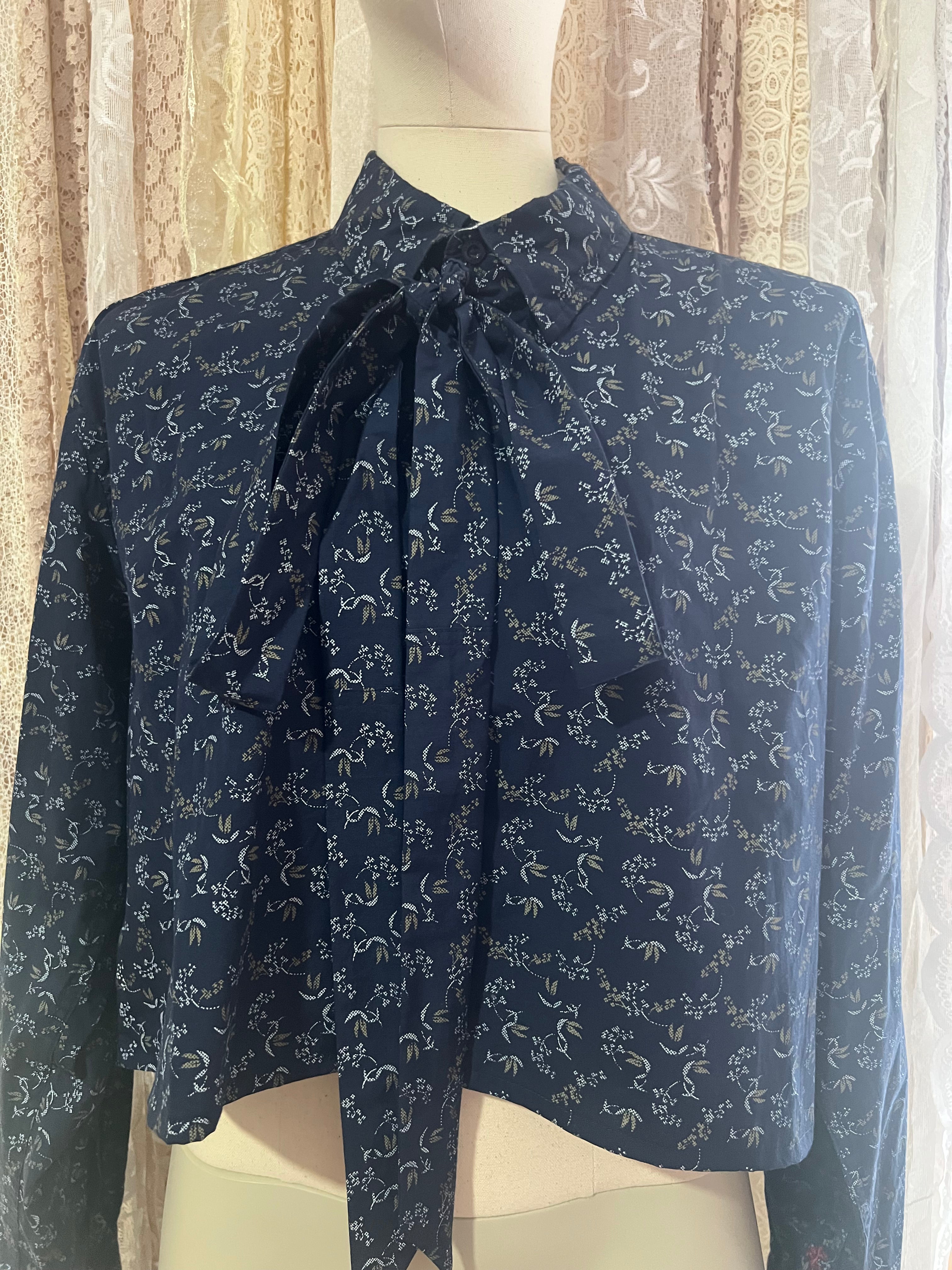 Reworked Pussybow Collar Cropped Blouse in Navy Tapestry Floral - XXL