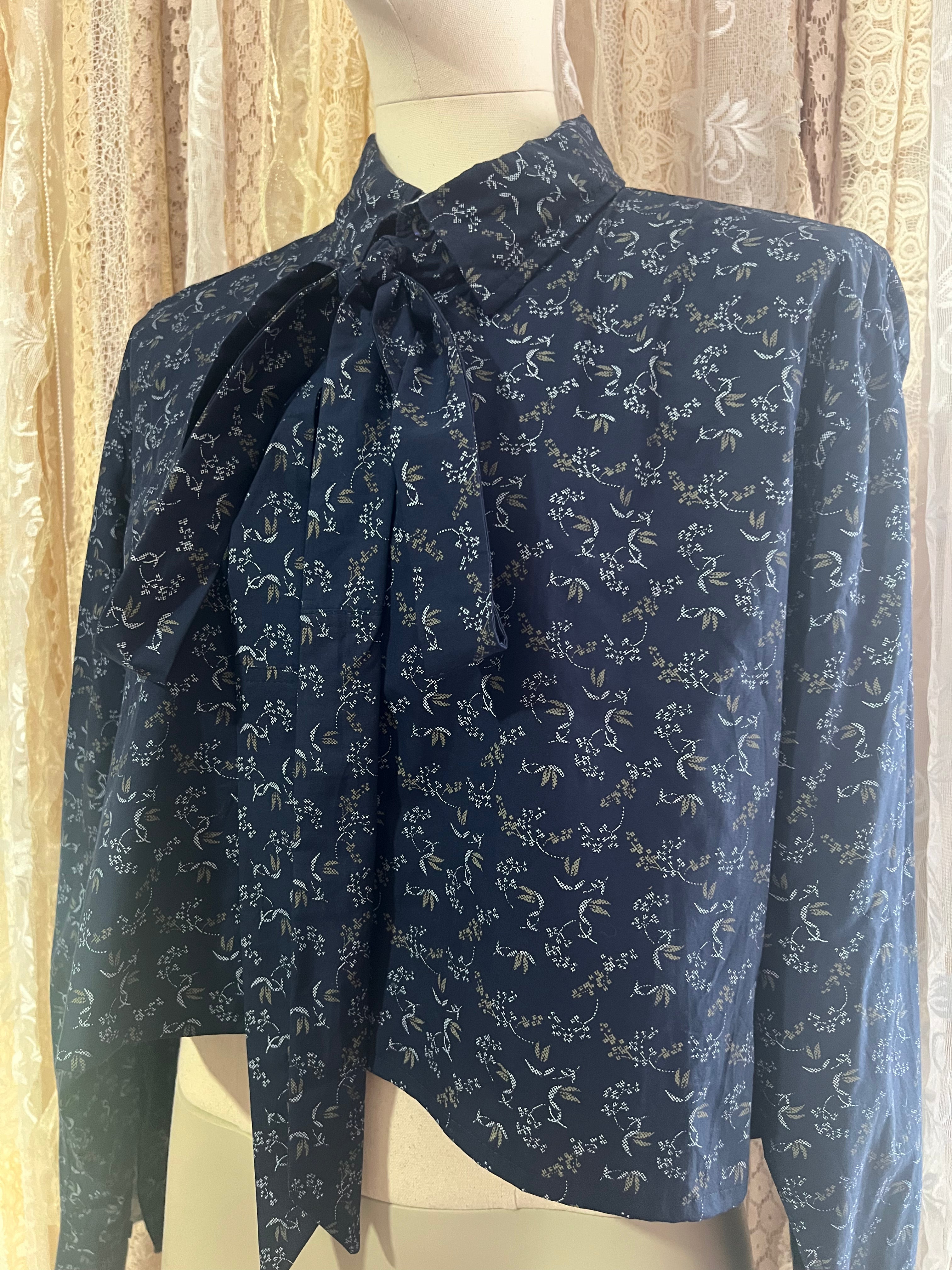 Reworked Pussybow Collar Cropped Blouse in Navy Tapestry Floral - XXL