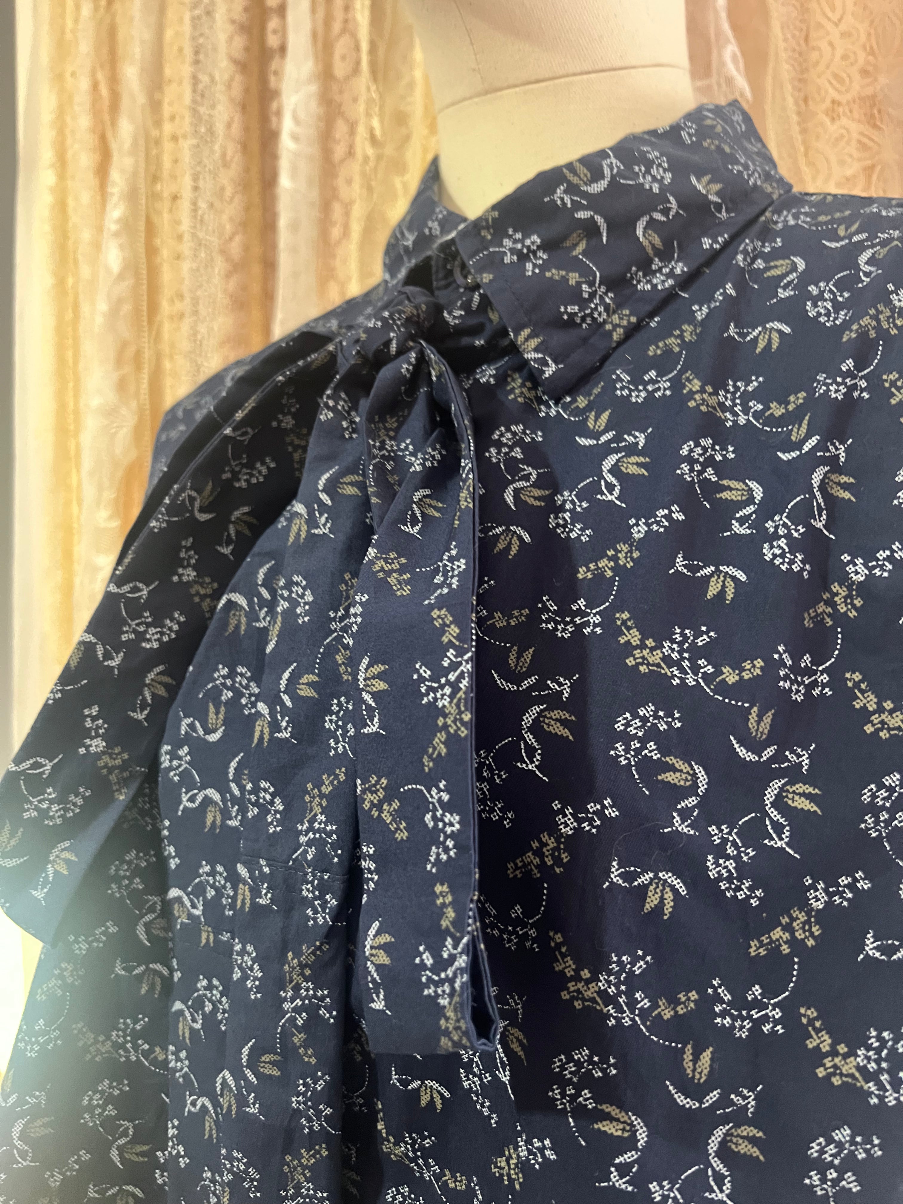 Reworked Pussybow Collar Cropped Blouse in Navy Tapestry Floral - XXL
