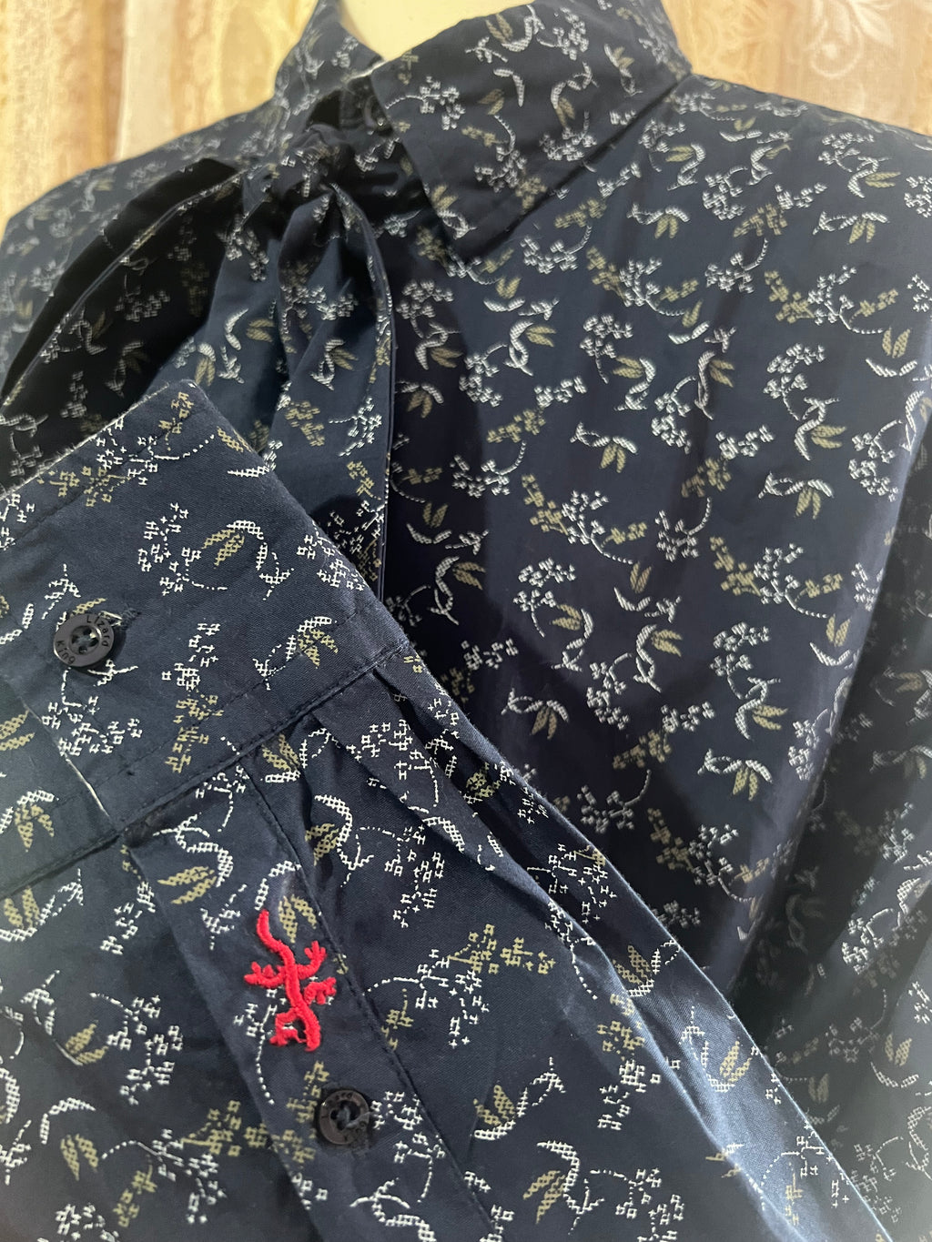 Reworked Pussybow Collar Cropped Blouse in Navy Tapestry Floral - XXL