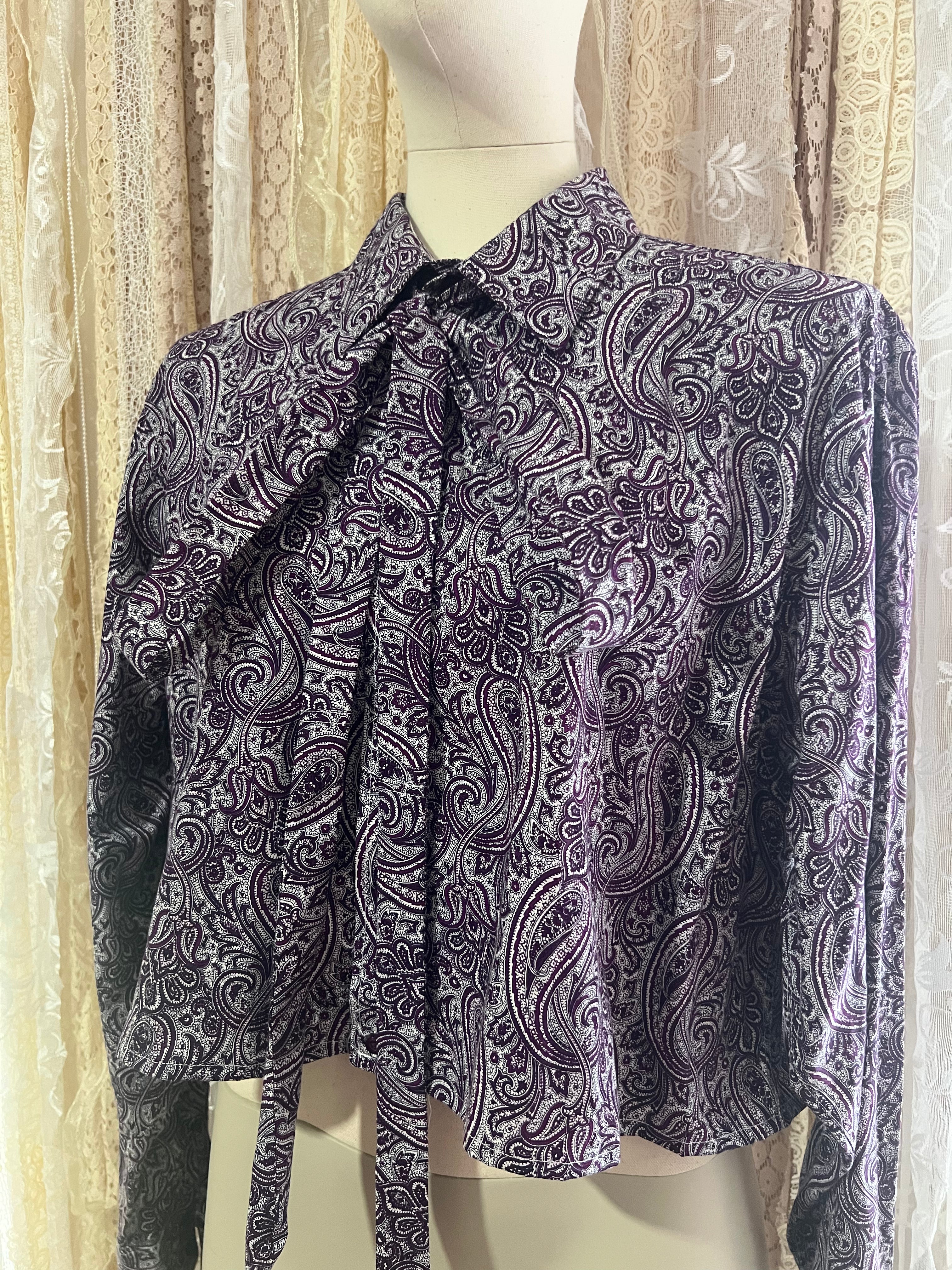 Reworked Pussybow Collar Cropped Blouse in Purple Paisley - XXL