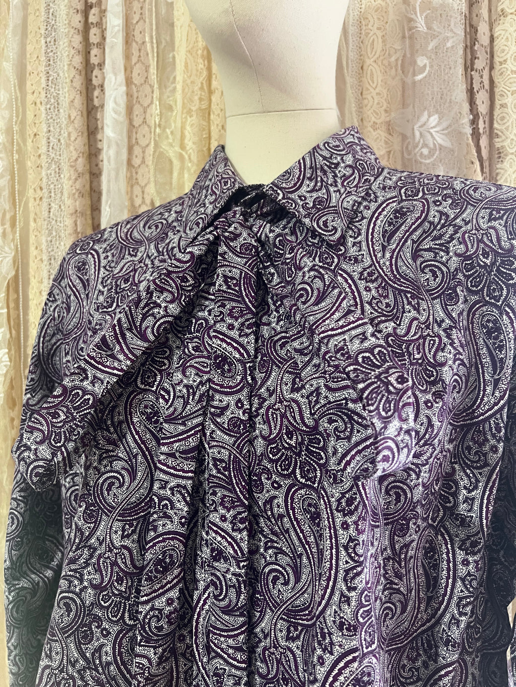 Reworked Pussybow Collar Cropped Blouse in Purple Paisley - XXL