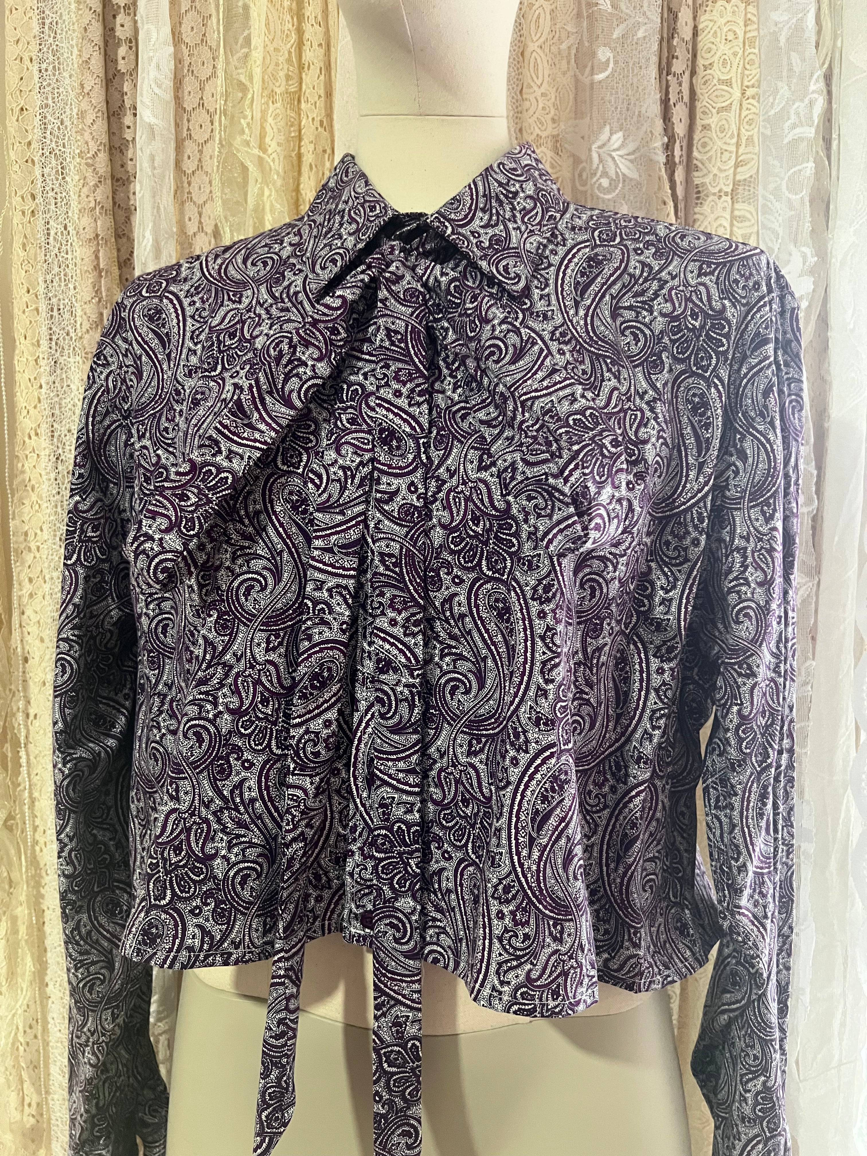 Reworked Pussybow Collar Cropped Blouse in Purple Paisley - XXL