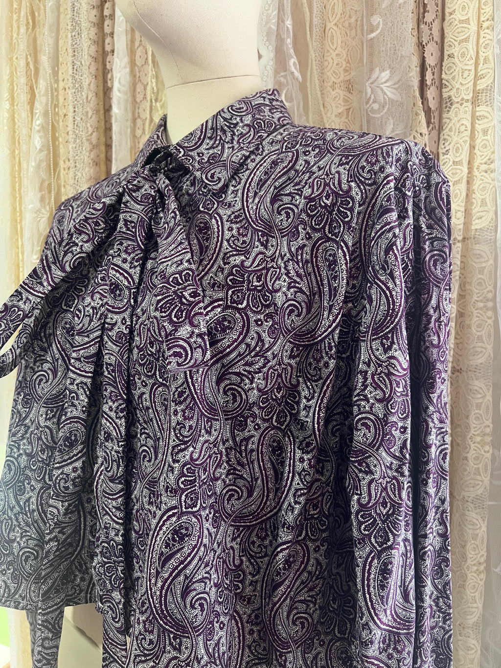 Reworked Pussybow Collar Cropped Blouse in Purple Paisley - XXL