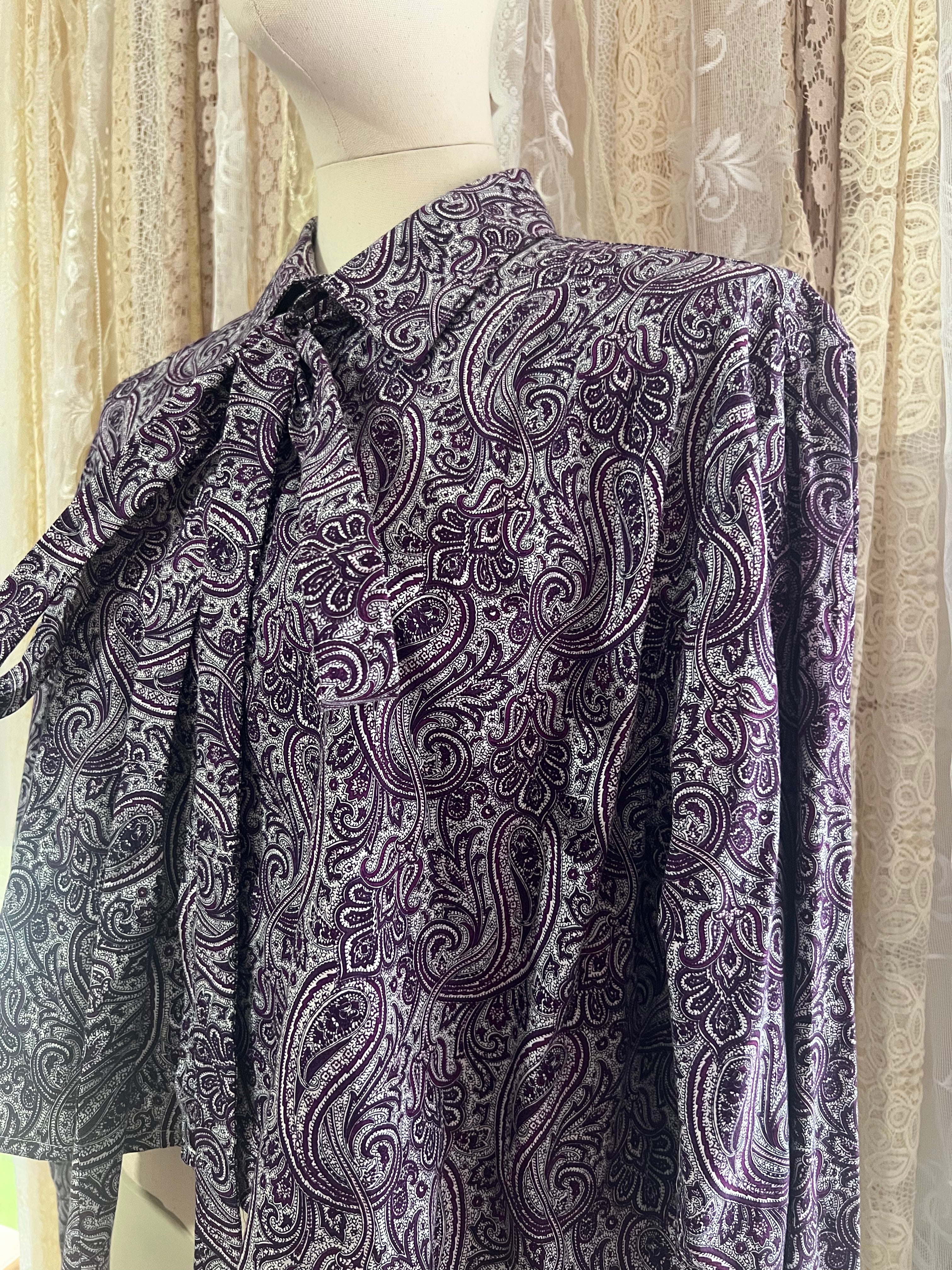 Reworked Pussybow Collar Cropped Blouse in Purple Paisley - XXL