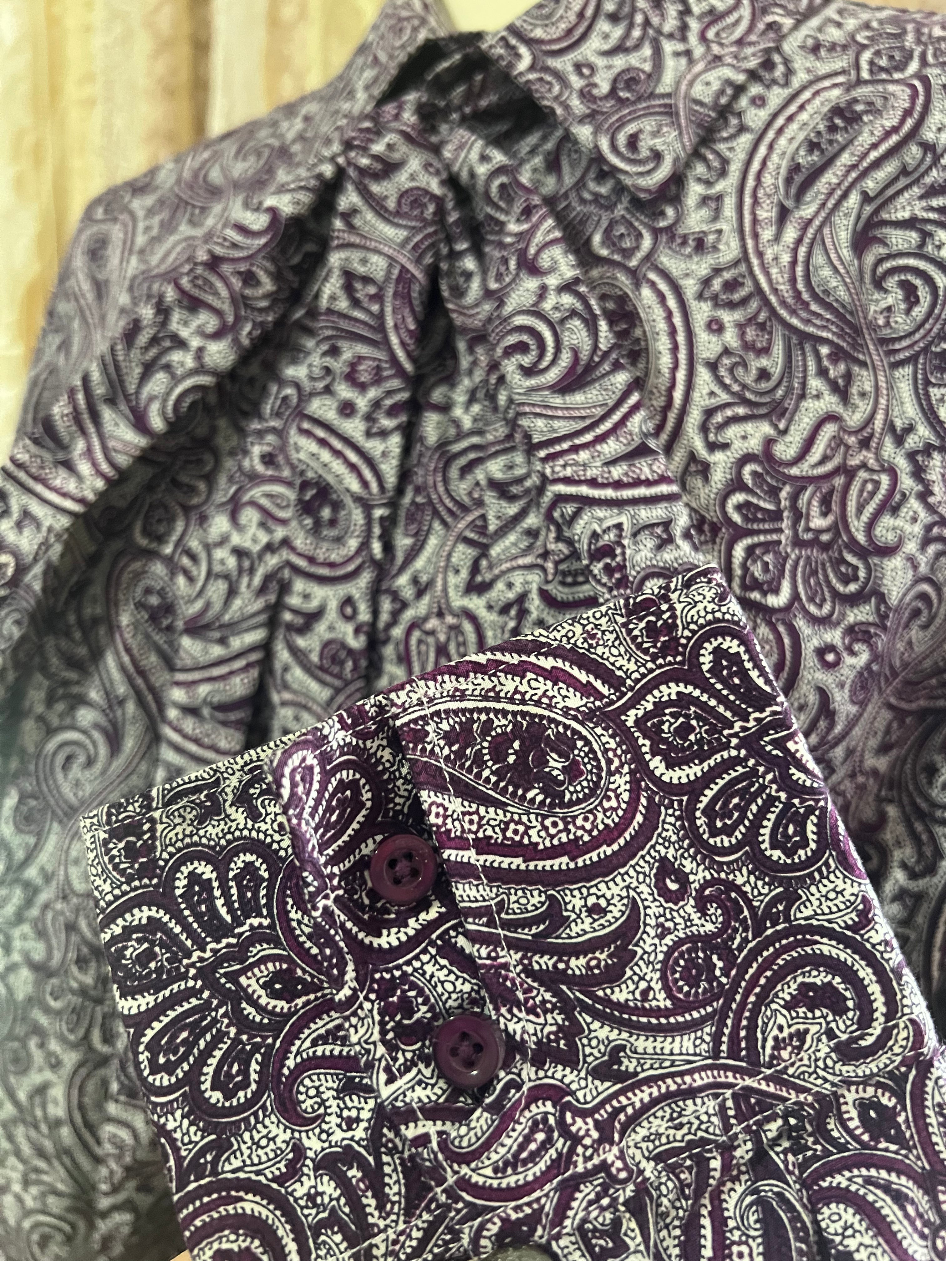 Reworked Pussybow Collar Cropped Blouse in Purple Paisley - XXL