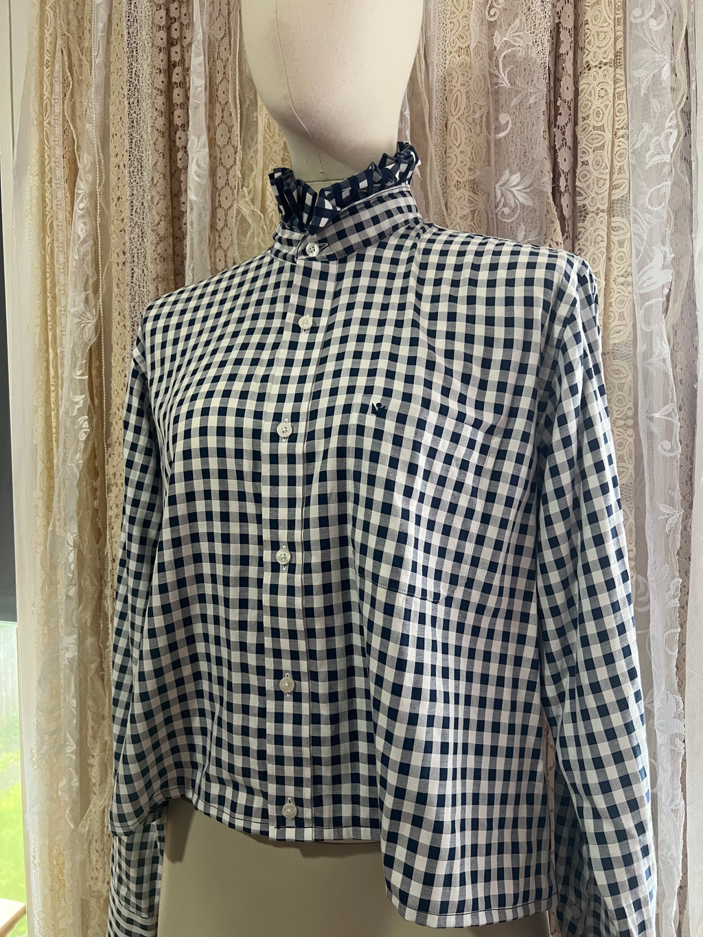 Reworked Ruffle Collar Cropped Blouse in Navy Gingham - XL