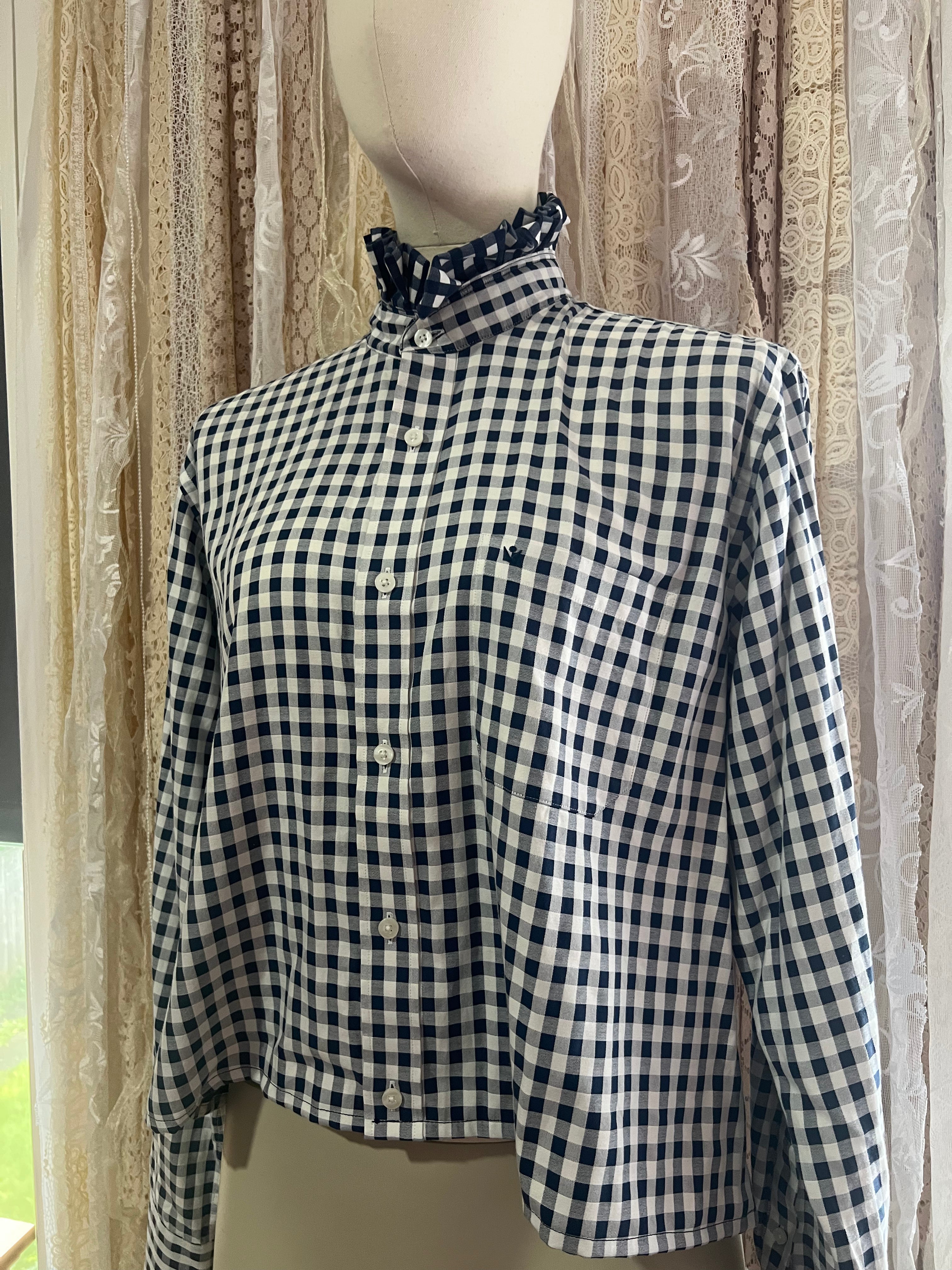 Reworked Ruffle Collar Cropped Blouse in Navy Gingham - XL