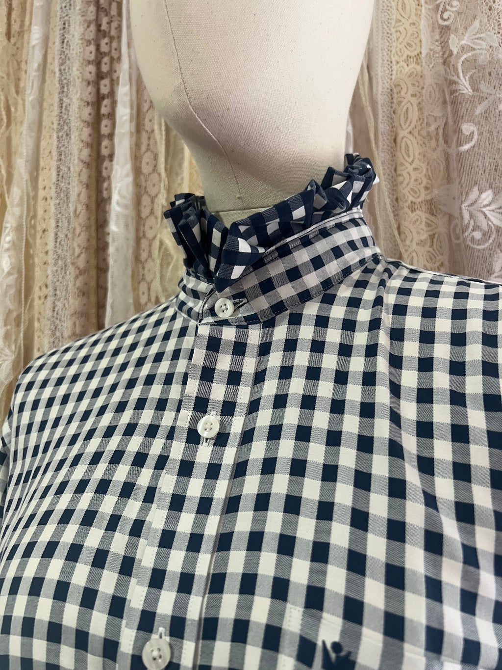 Reworked Ruffle Collar Cropped Blouse in Navy Gingham - XL
