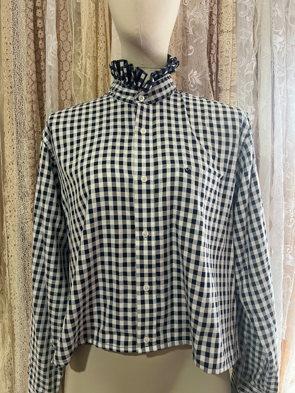 Reworked Ruffle Collar Cropped Blouse in Navy Gingham - XL