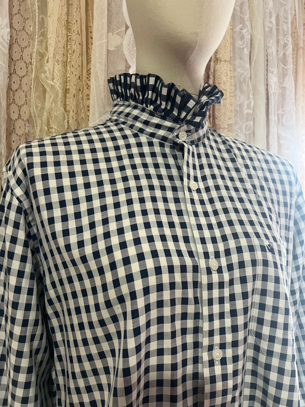 Reworked Ruffle Collar Cropped Blouse in Navy Gingham - XL