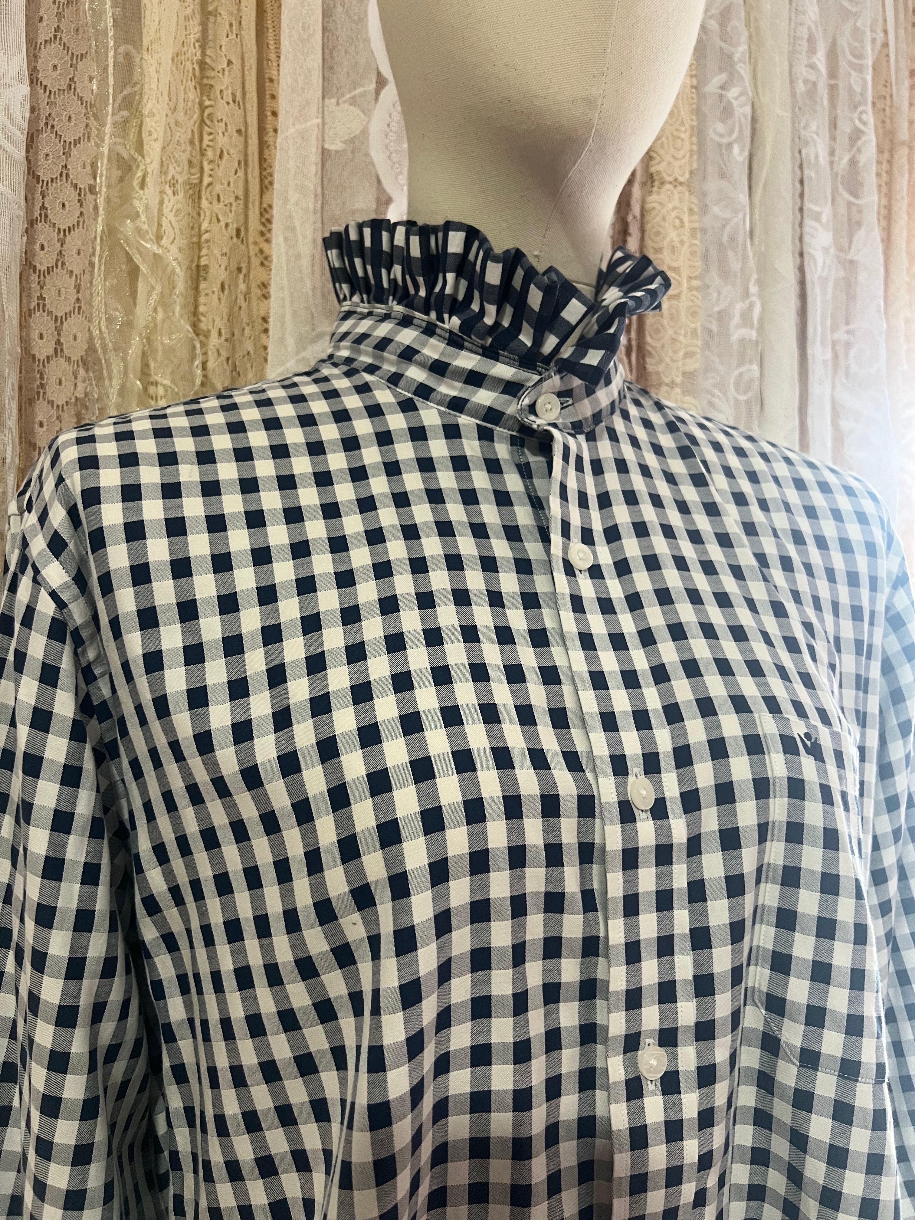 Reworked Ruffle Collar Cropped Blouse in Navy Gingham - XL