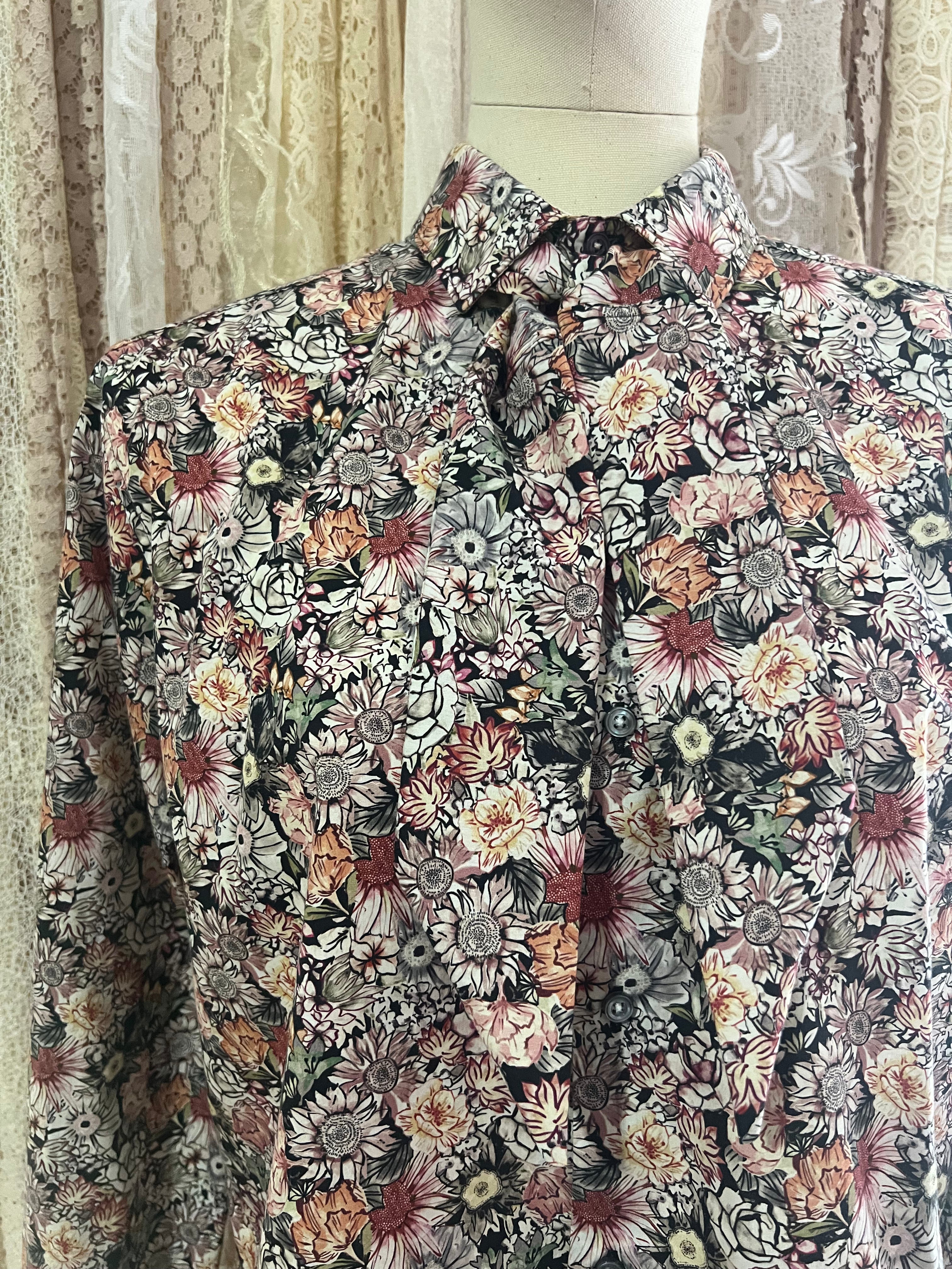 Reworked Tie Collar Cropped Blouse in 70s Floral - XL