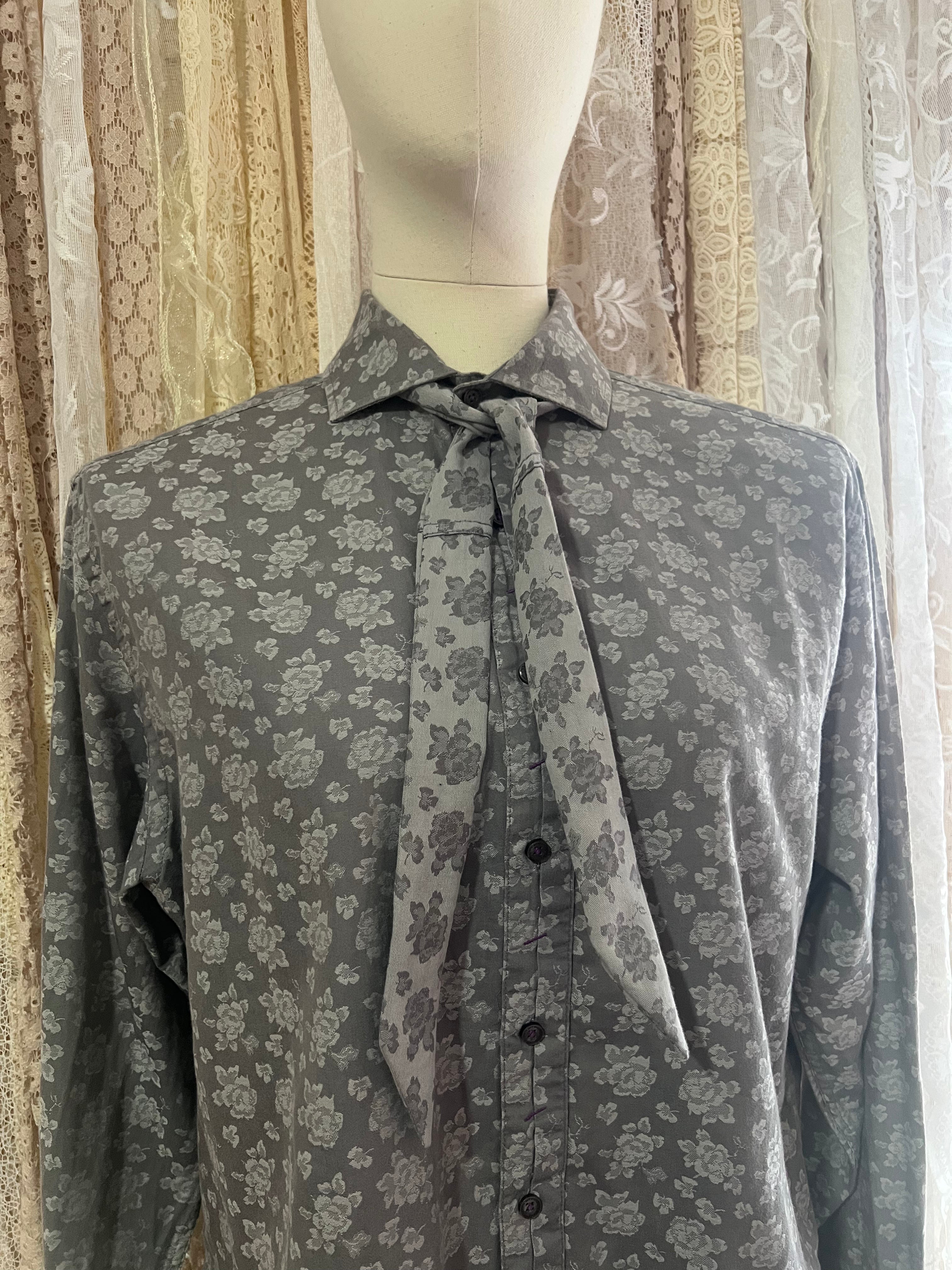 Reworked Tie Collar Cropped Blouse in Silver Rose - XL