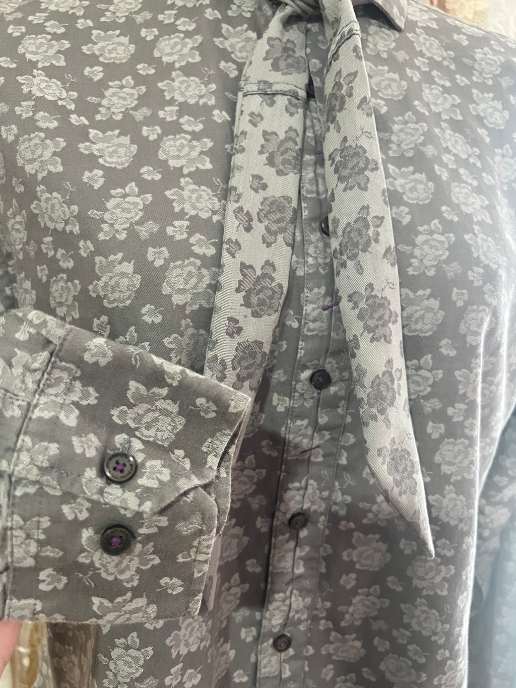 Reworked Tie Collar Cropped Blouse in Silver Rose - XL