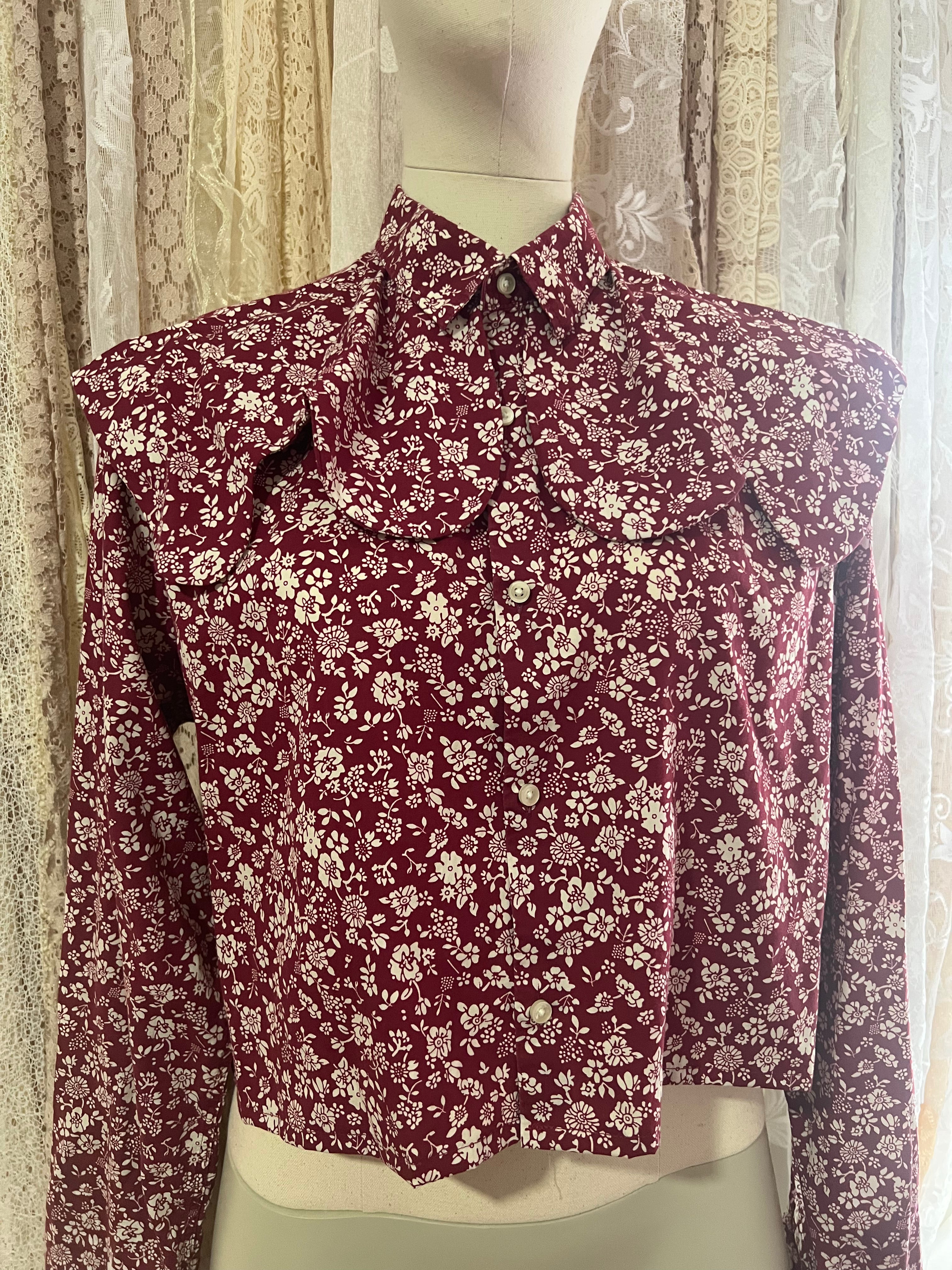 Reworked Wave Collar Cropped Blouse in Maroon Floral - XL