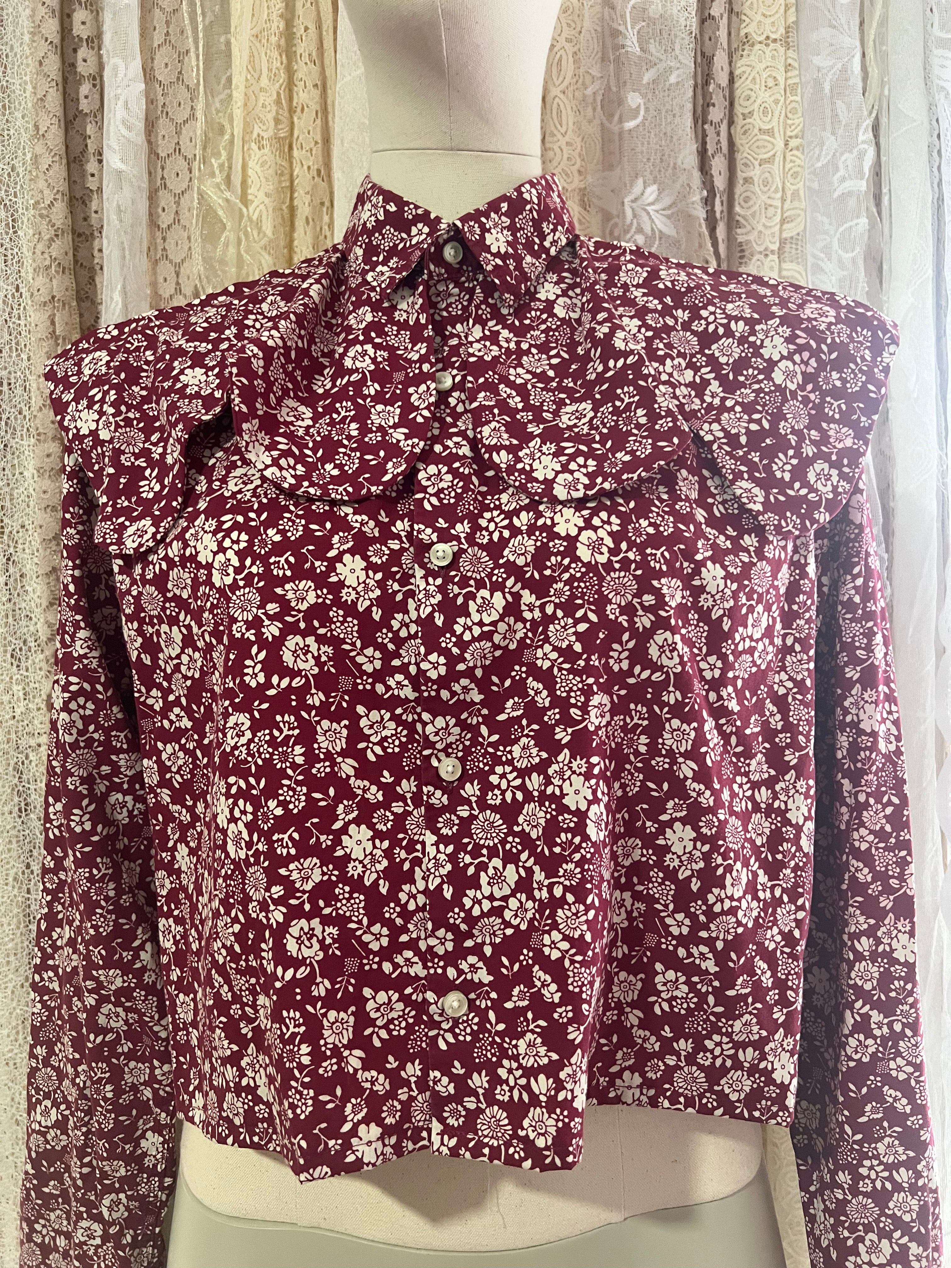 Reworked Wave Collar Cropped Blouse in Maroon Floral - XL