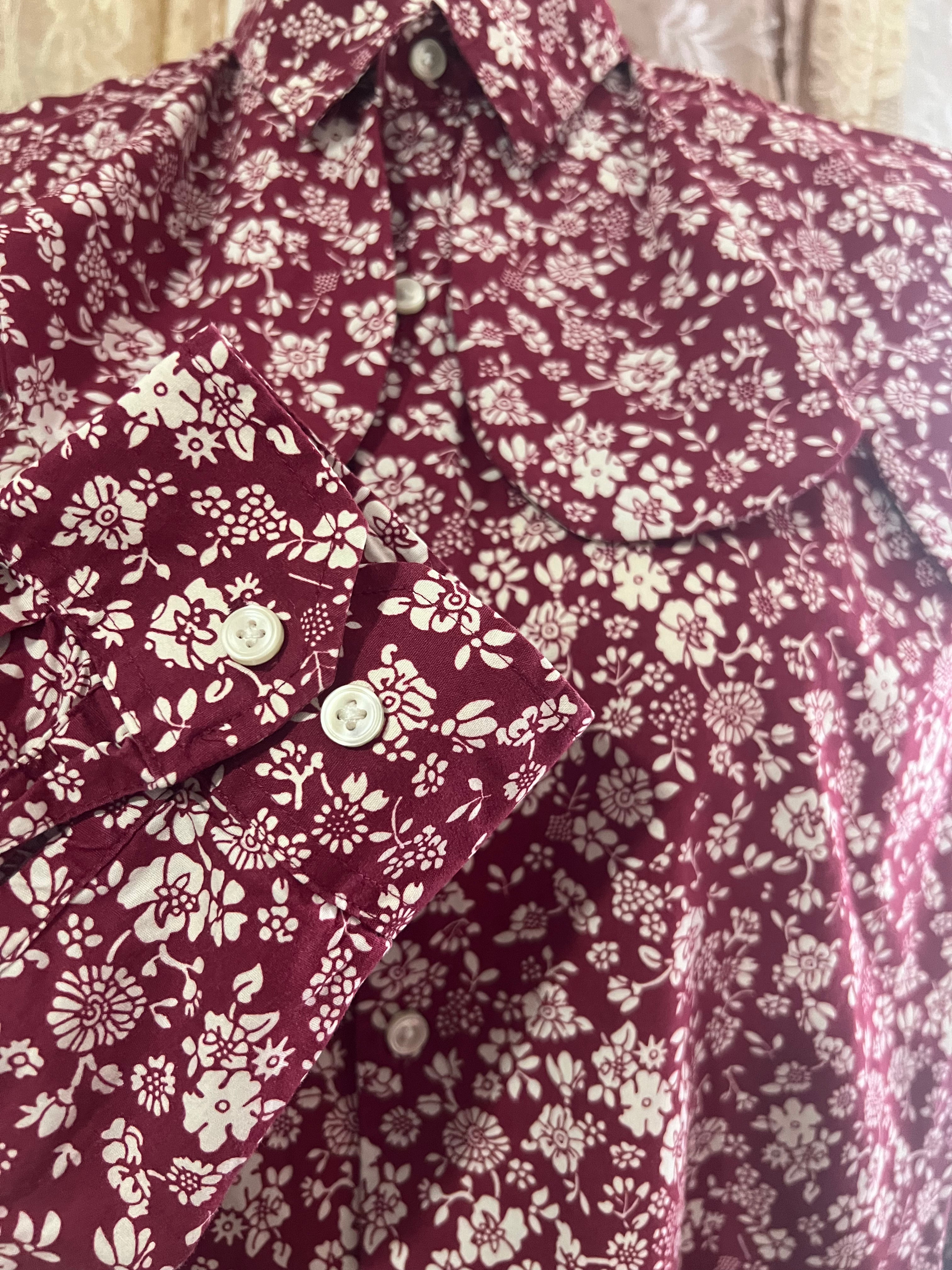 Reworked Wave Collar Cropped Blouse in Maroon Floral - XL