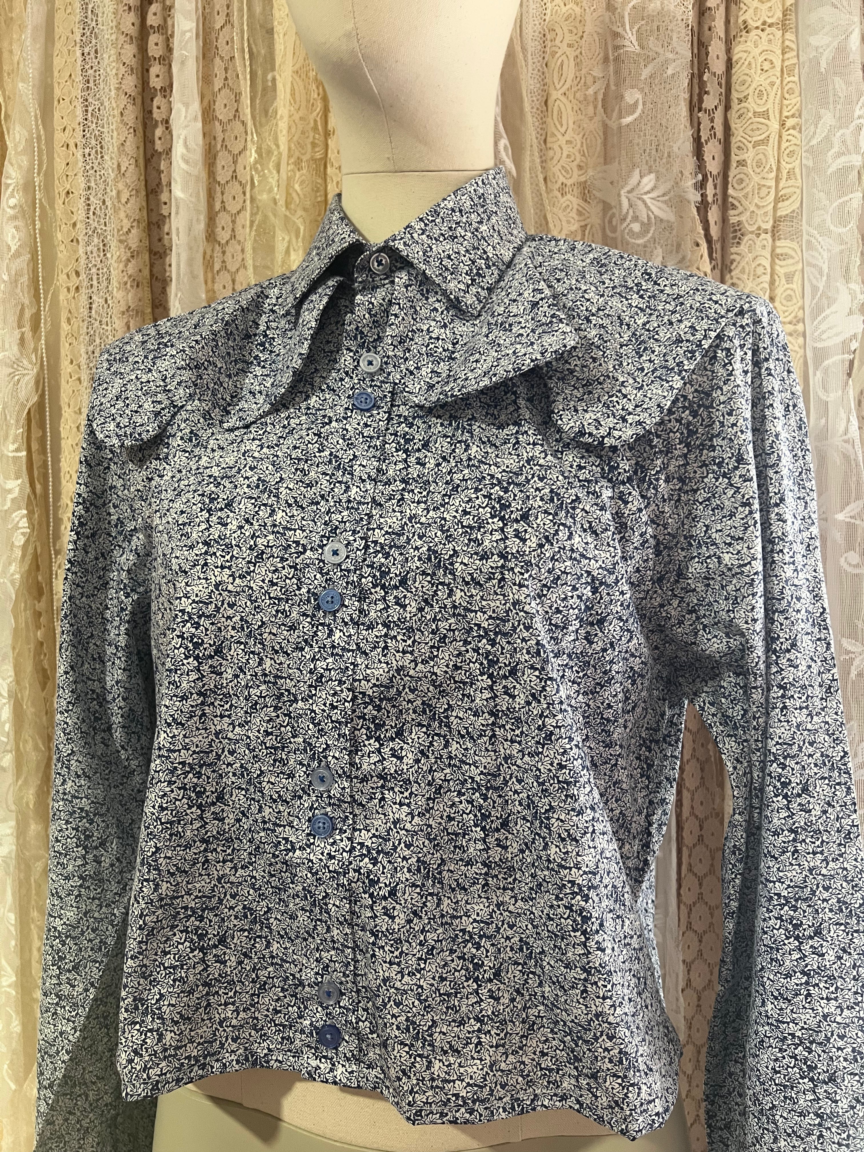 Reworked Wave Collar Cropped Blouse in Navy Leaf - L