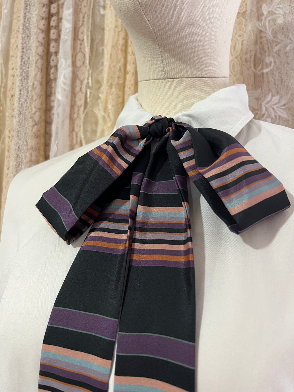 Silky Stripe Pussybow Tie Collar