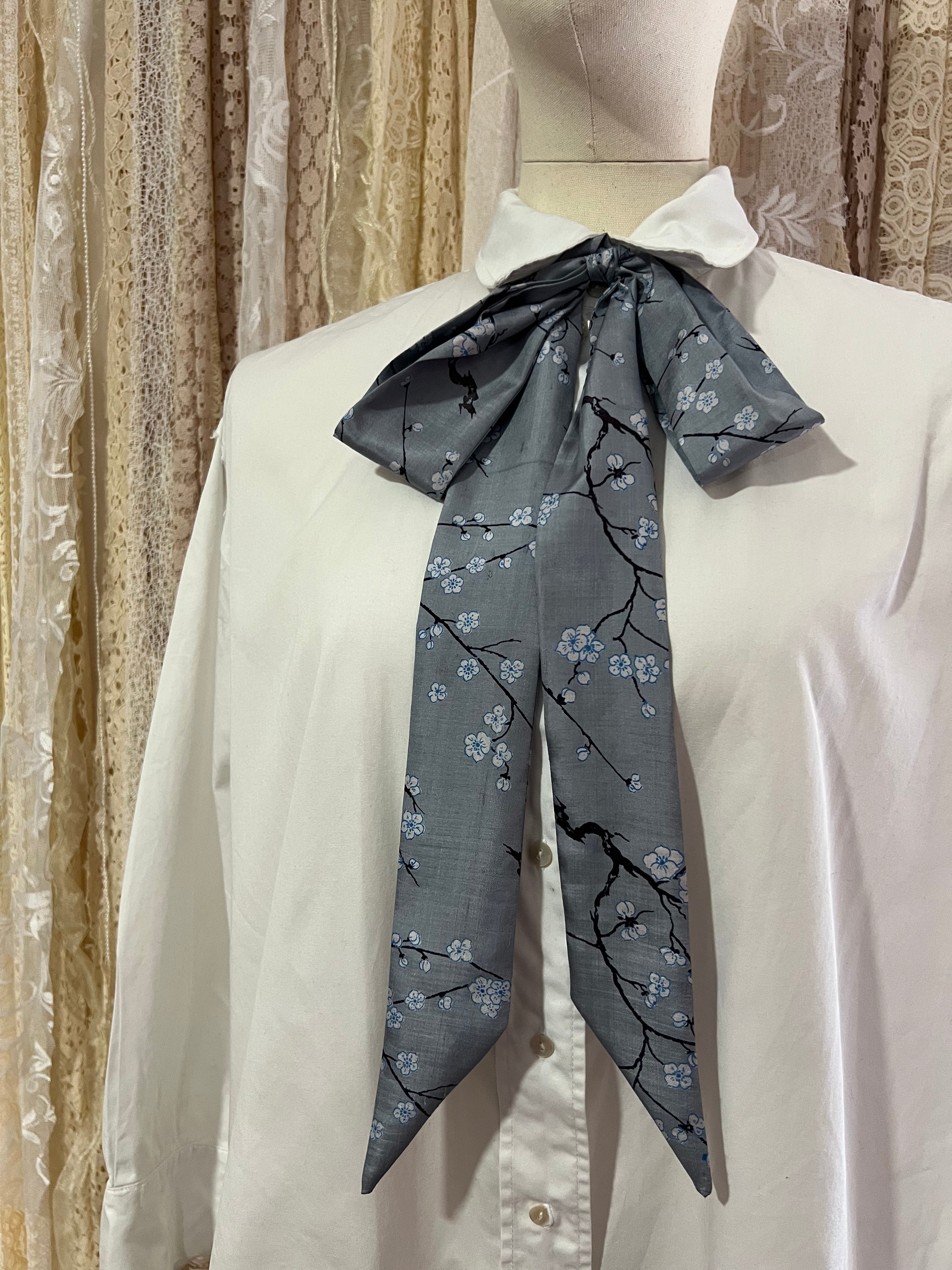 Silver Silk Cherry Blossom Pussybow Tie Collar