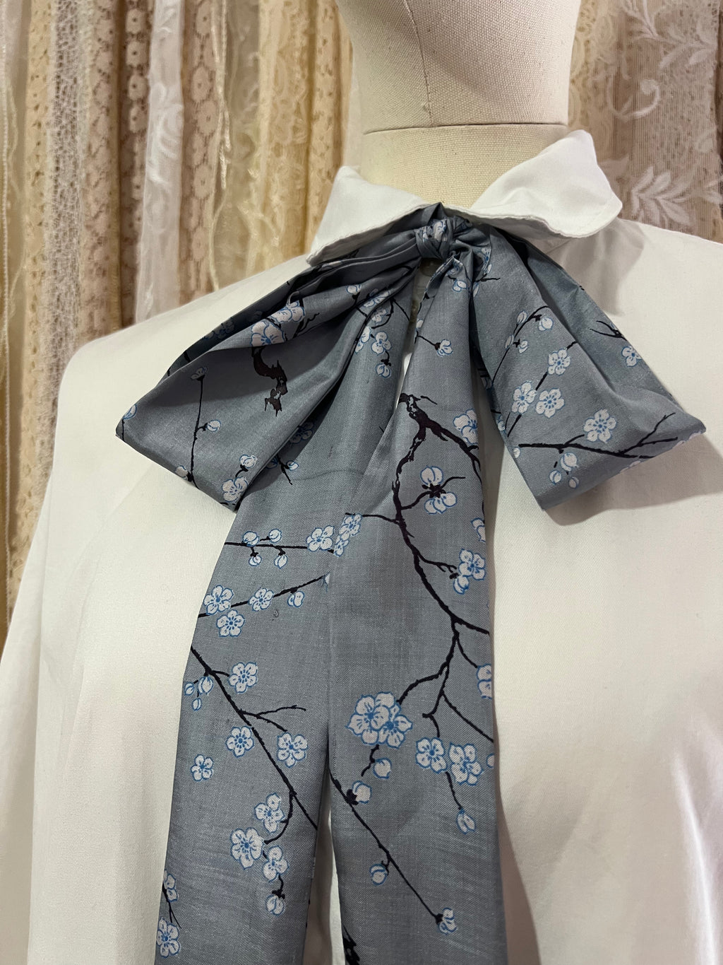 Silver Silk Cherry Blossom Pussybow Tie Collar