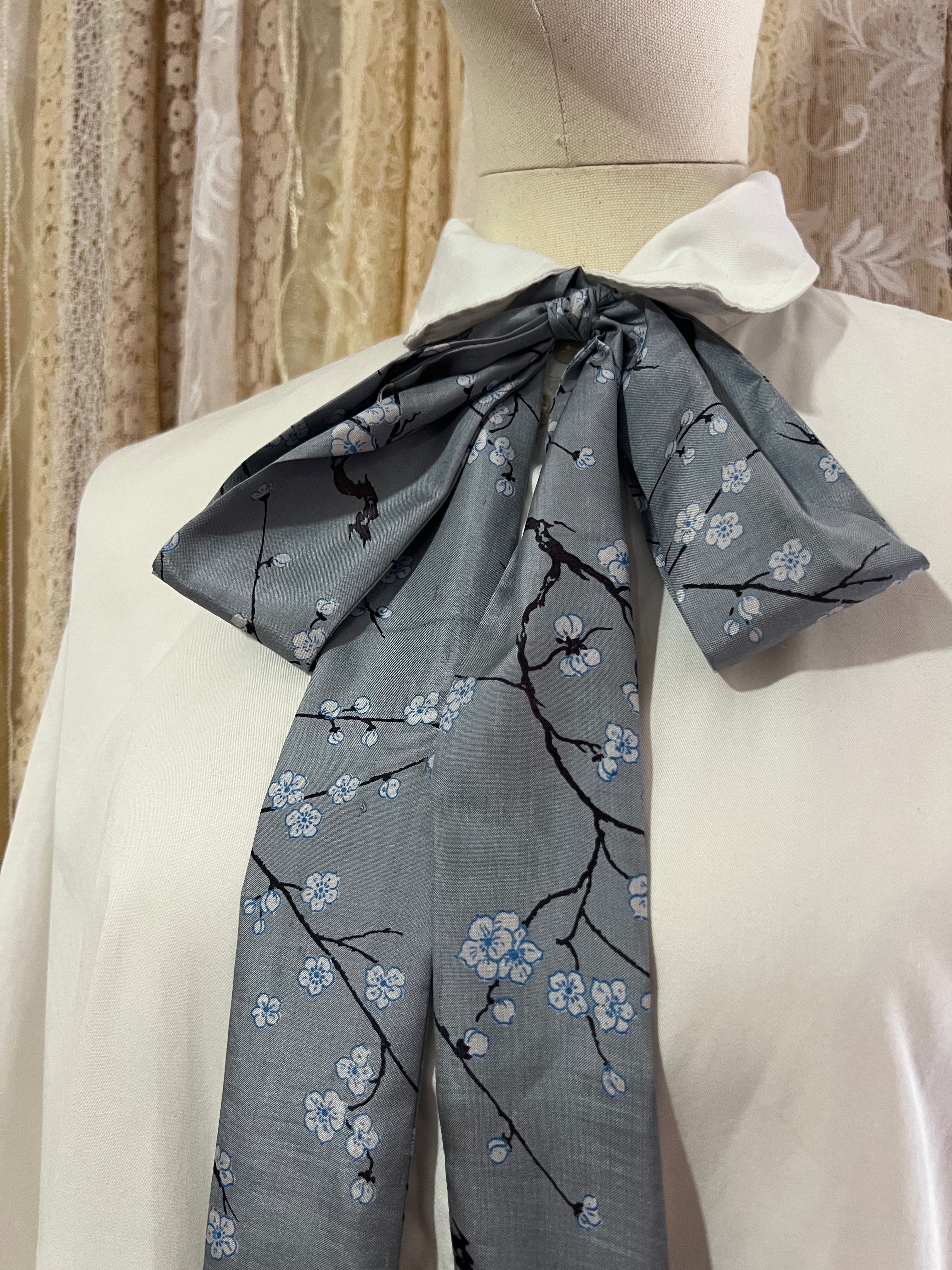 Silver Silk Cherry Blossom Pussybow Tie Collar