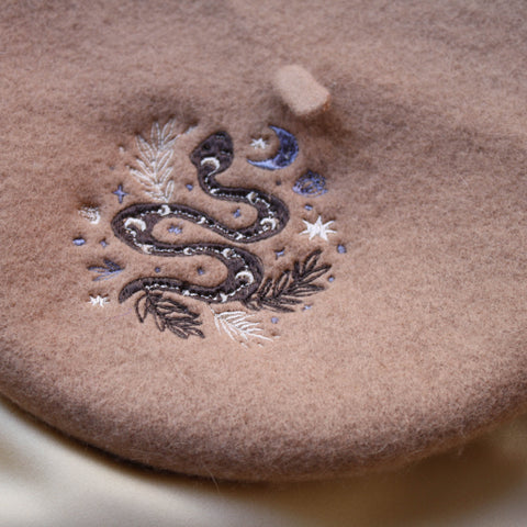 Tan Boho Snake Embroidered Beret