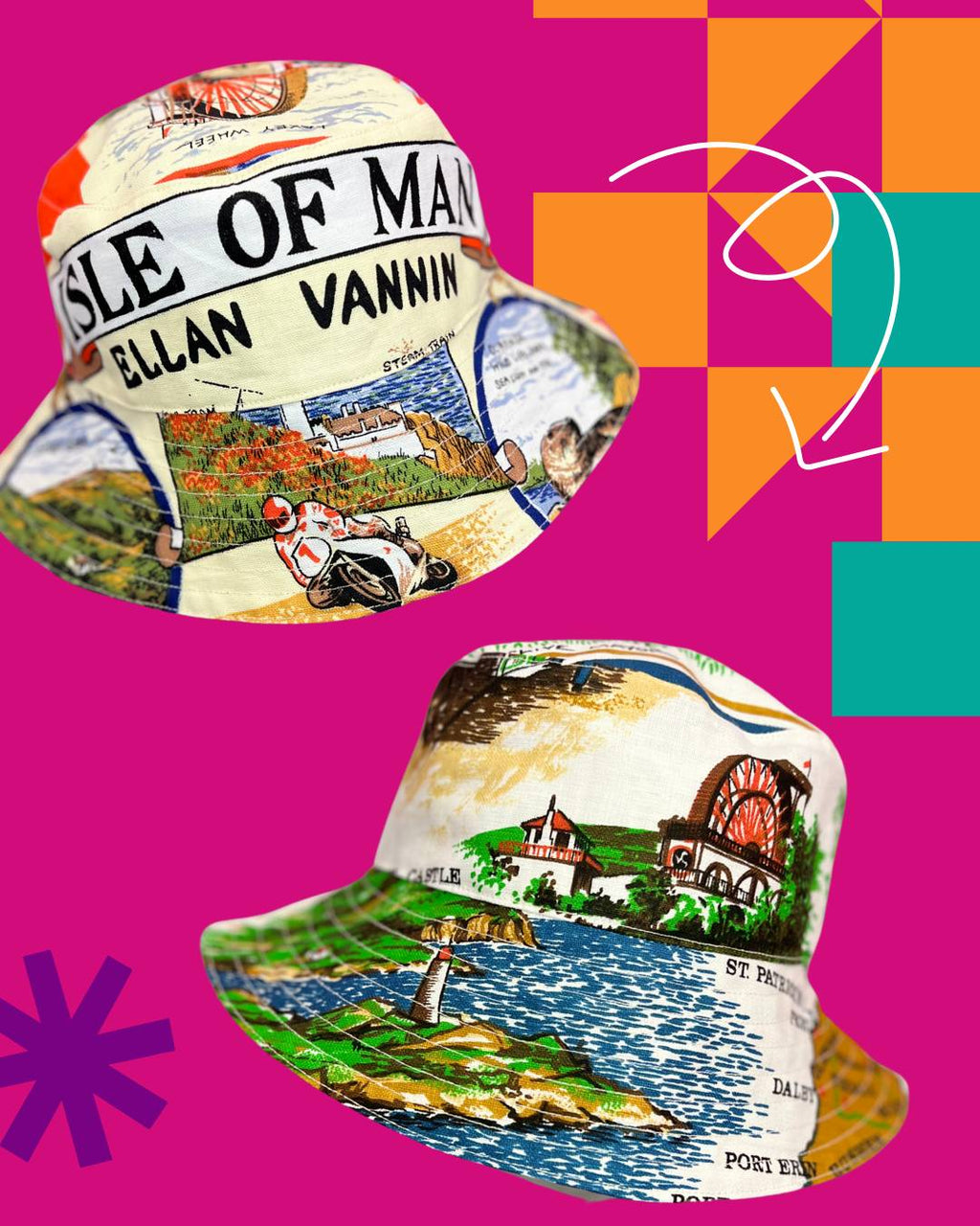 Handmade bucket hat made from two vintage tea towels, unique bucket hat handmade in Manchester and fully reversible 